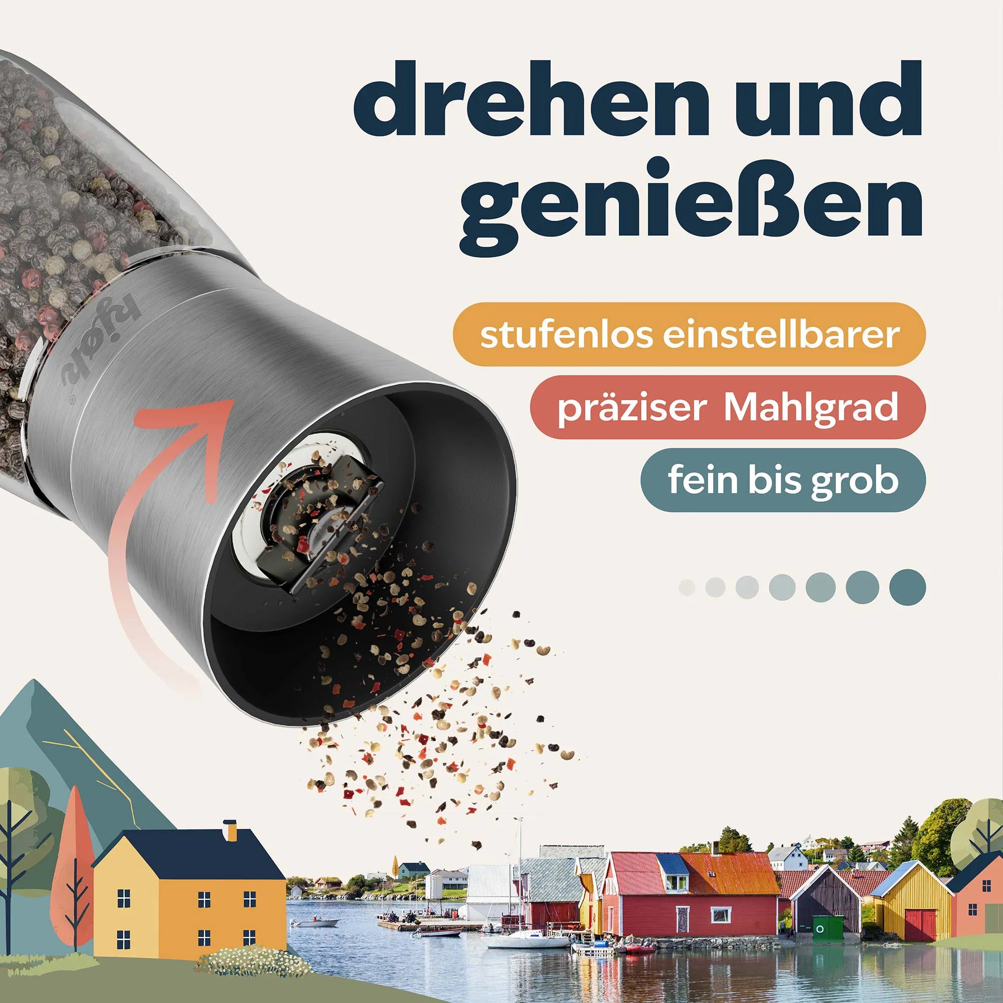 Salz- und Pfeffermühle beim Mahlen von Pfefferkörnern mit sichtbarem Mahlwerk