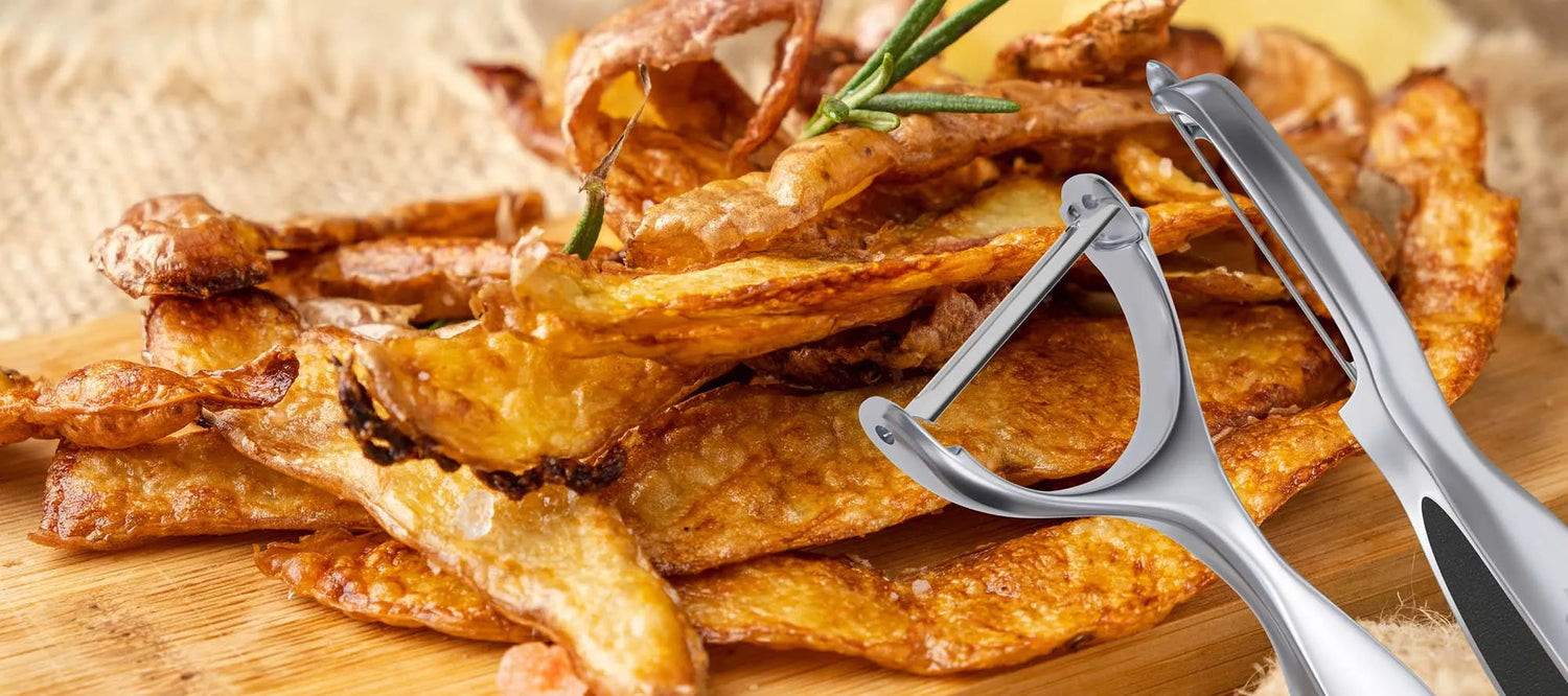 Hochwertiges Edelstahl-Sparschäler-Set von kjøk mit Kartoffel- und Kiwi-Motiv – langlebig, ergonomisch und vielseitig