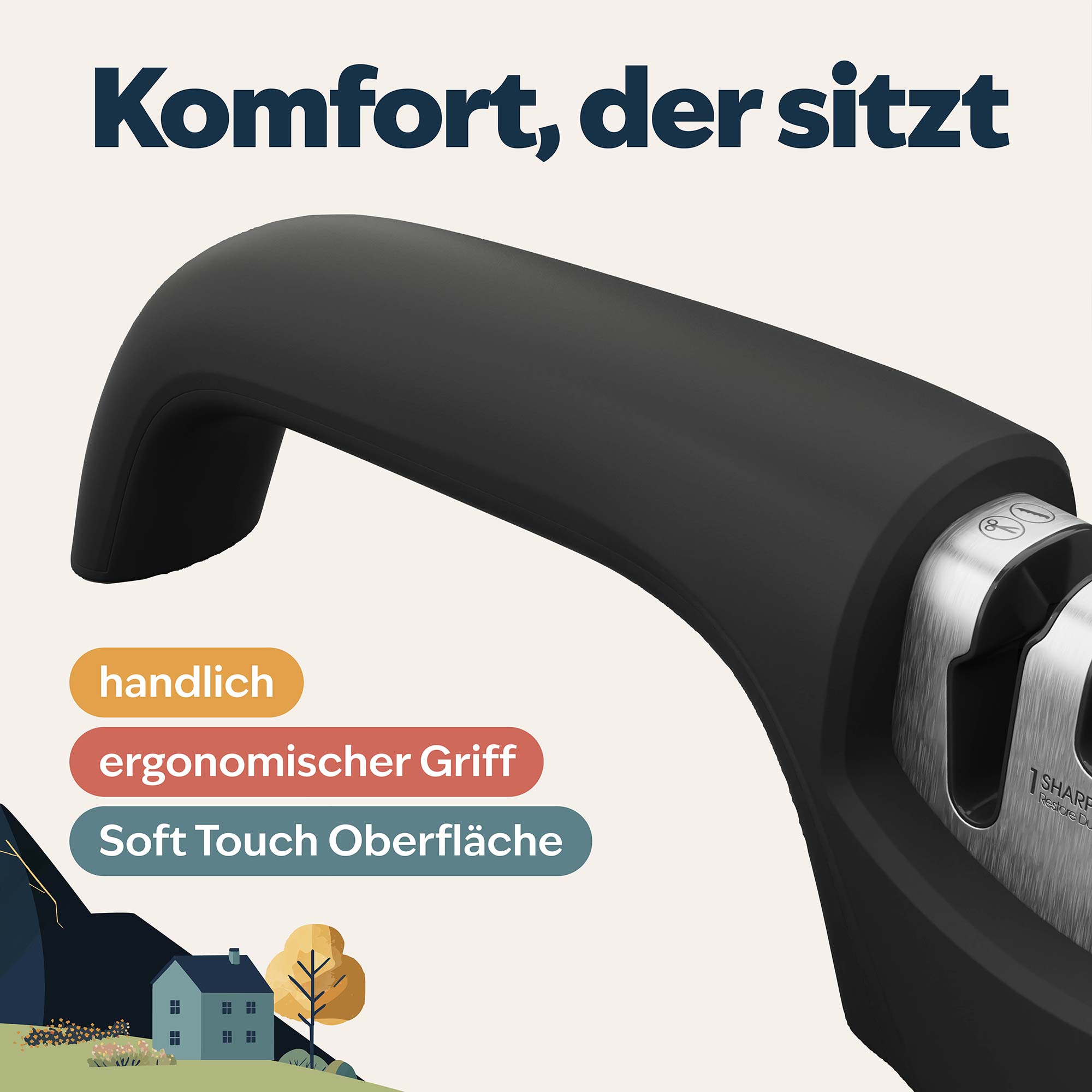 Nahaufnahme Softgriff zum Halten des Messerschärfer für Küchenmesser und Scheren – 4-in-1 Schärfsystem für scharfe Klingen