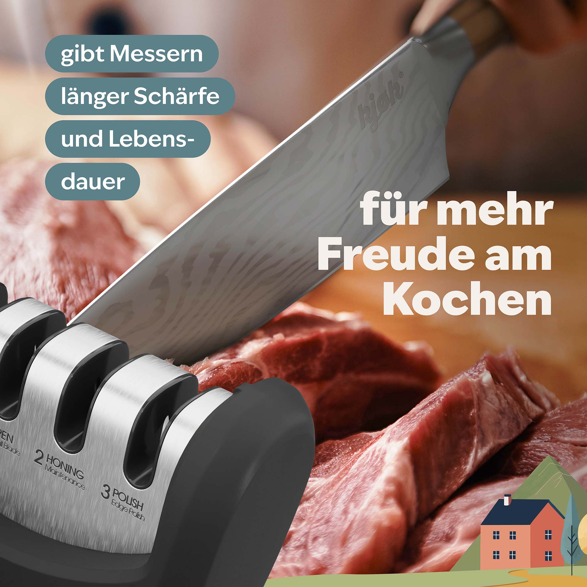 Messer schneidet rohe Stücke aus Fleischfiet, daneben Messerschärfer