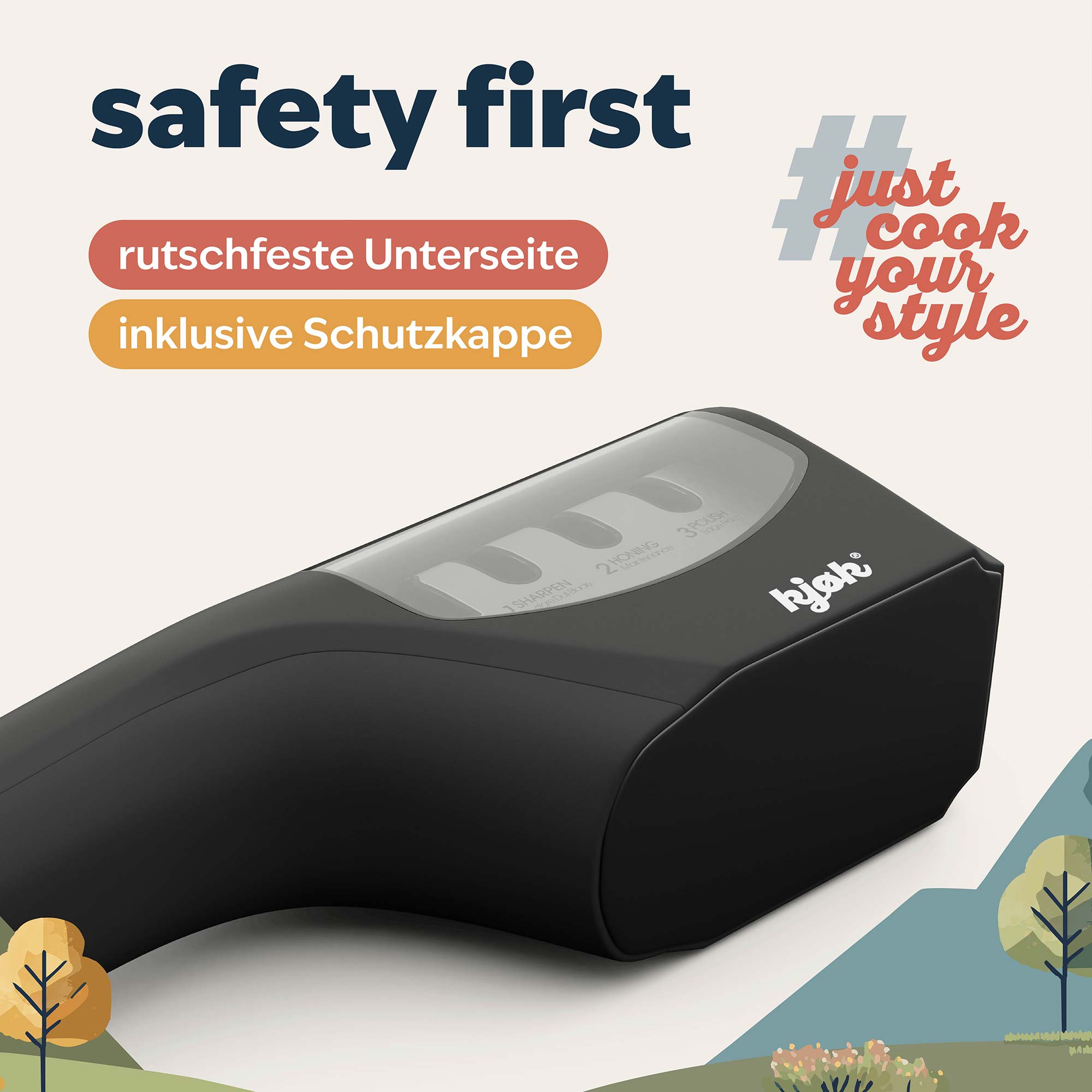 Messerschärfer mit Schutzkappe liegt auf der Seite und gibt Blick auf rutschfeste Standunterseite