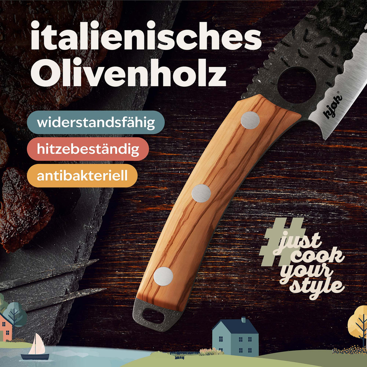 Olivenholzgriff des Messers ist widerstandsfähig und hitzebeständig
