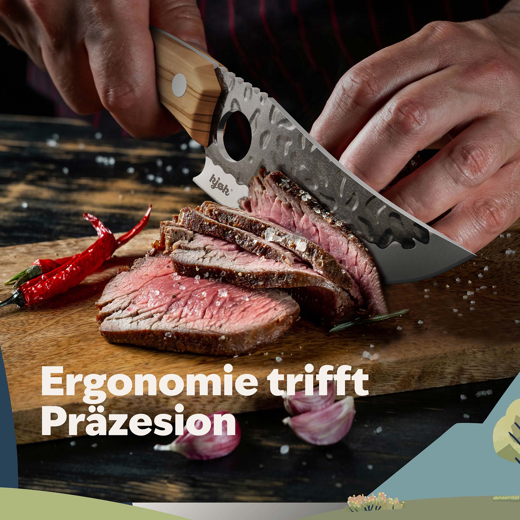 Japanmesser mit scharfer Klinge schneidet Rindfleisch