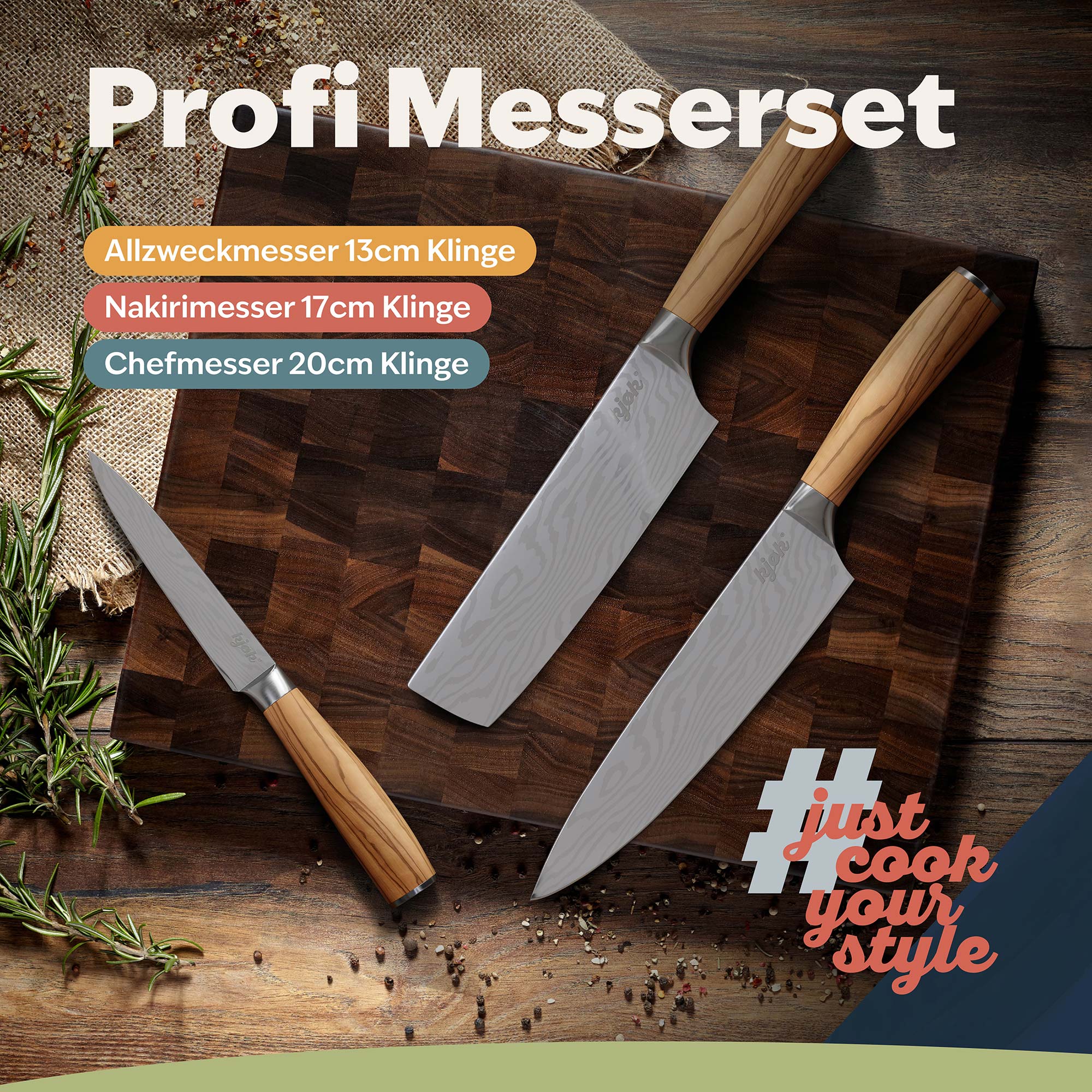 Küchenmesserset mit Olivenholzgriff bestehend aus Allzweckmesser, Nakirimesser und Chefmesser