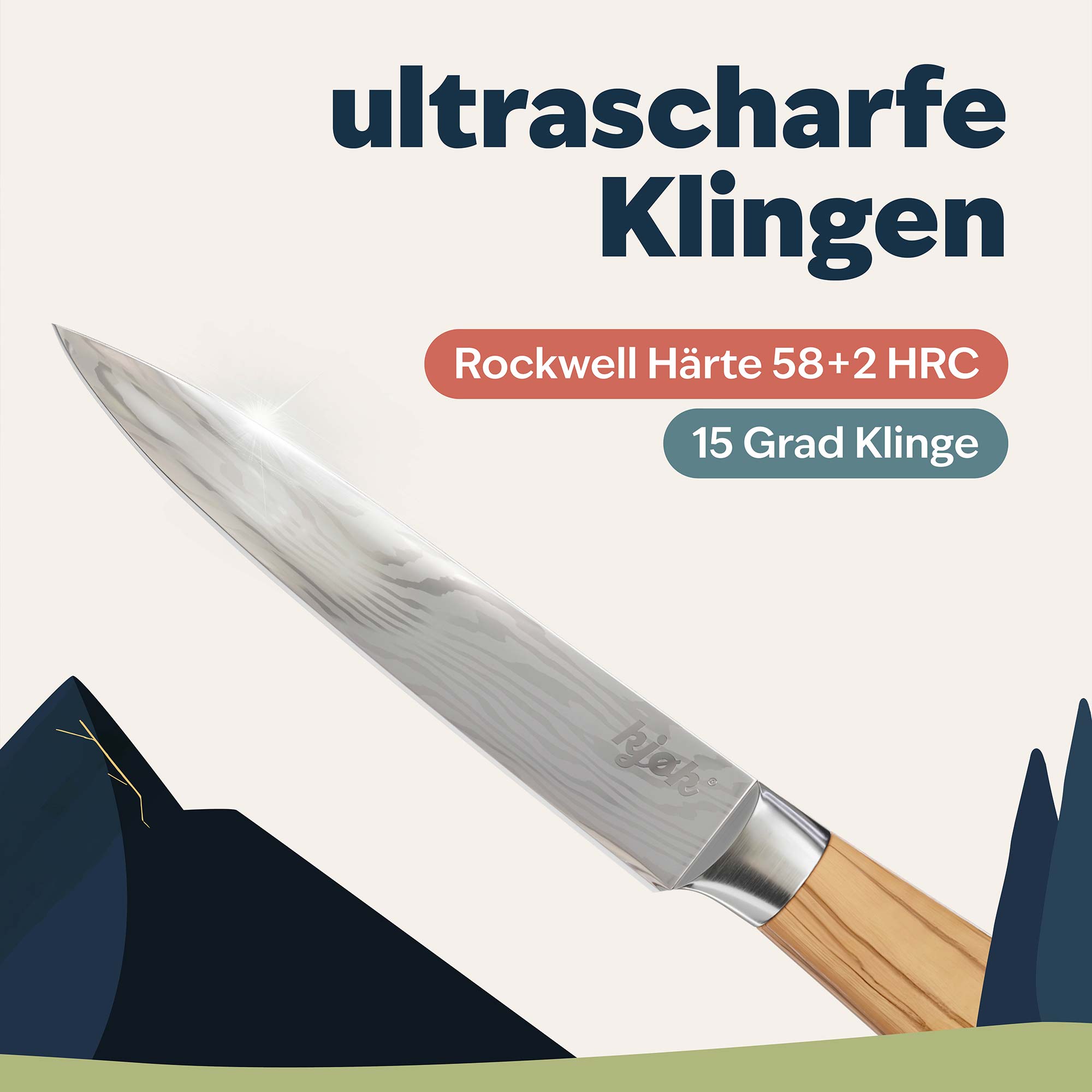 Allzweckmesser mit scharfer 15 Grad Klinge und 58+2 Härte Rockwell