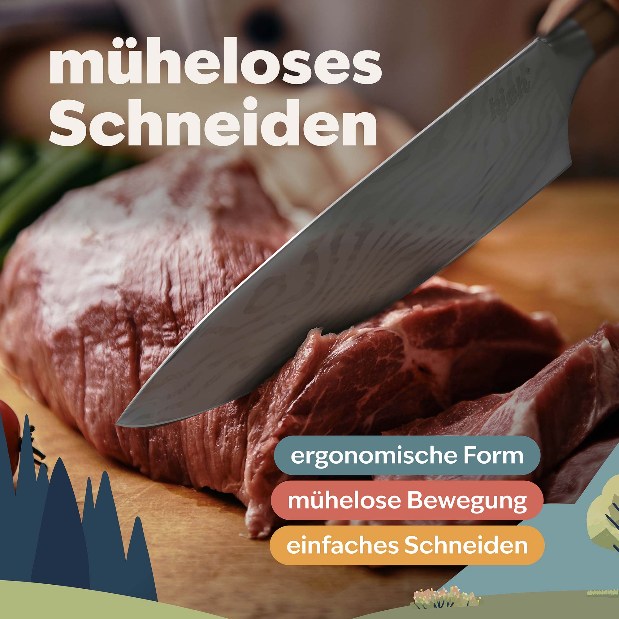 Chefmesser von kjøk schneidet mühelos Fleisch