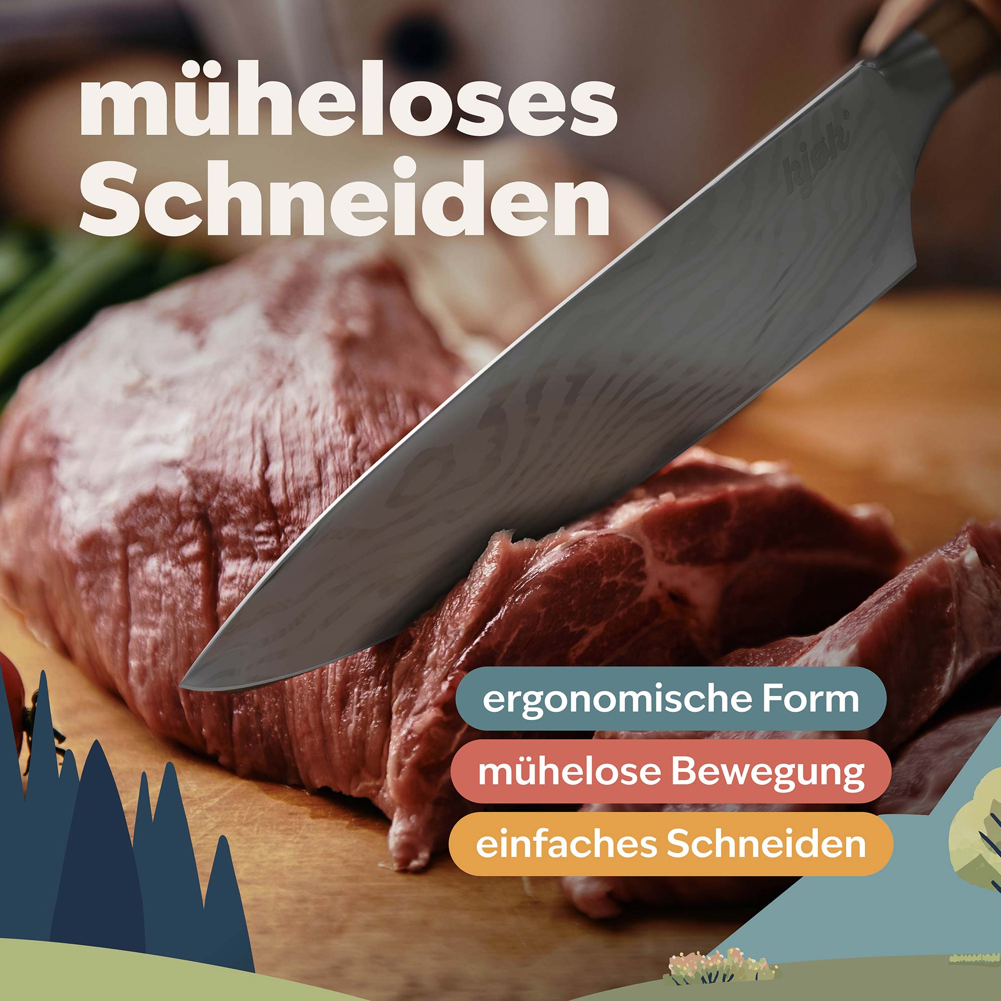 Chefmesser mit Olivenholzgriff schneidet mühelos Fleisch