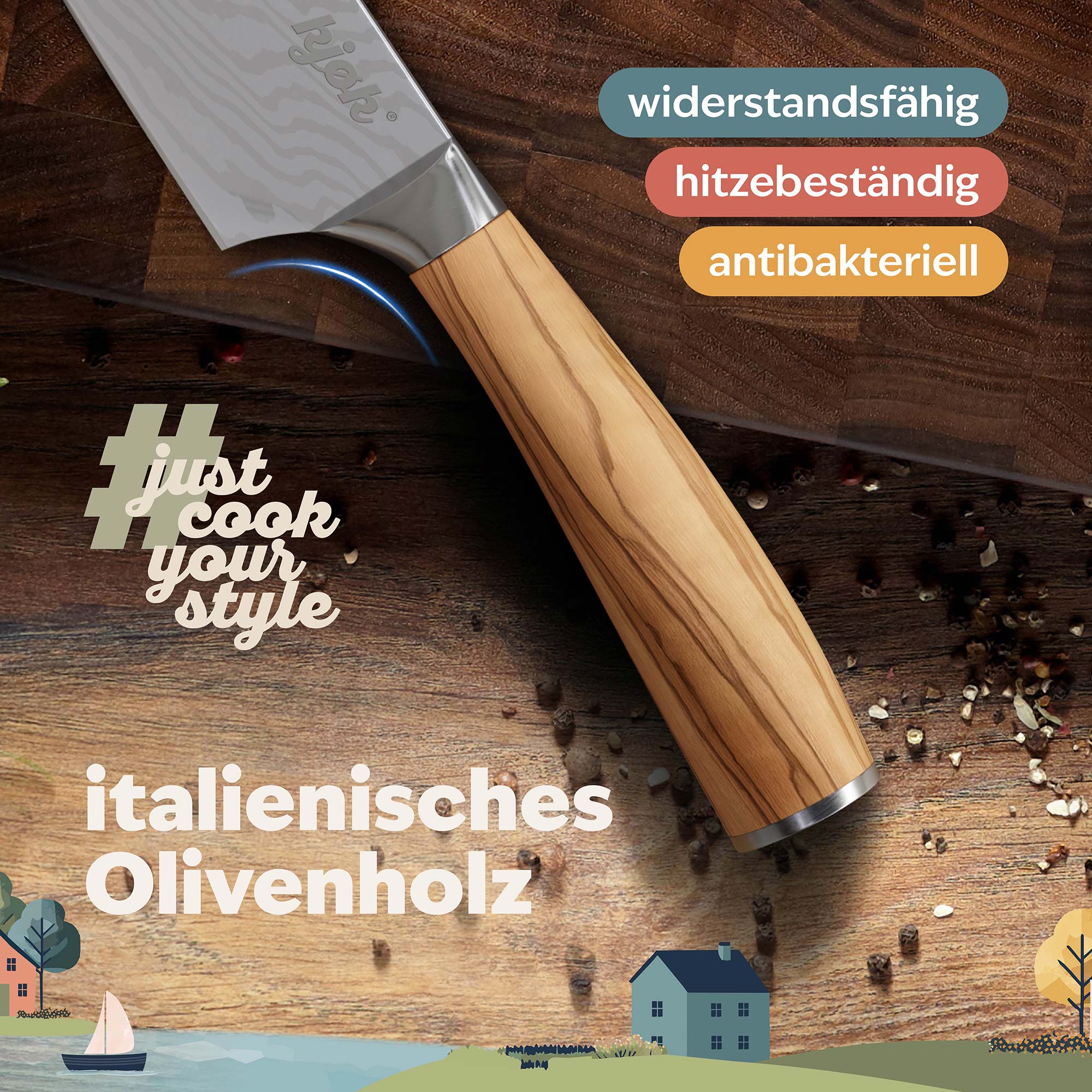 Chefmesser mit Olivenholzgriff ist widerstandsfähig, hitzebeständig und antibakteriell