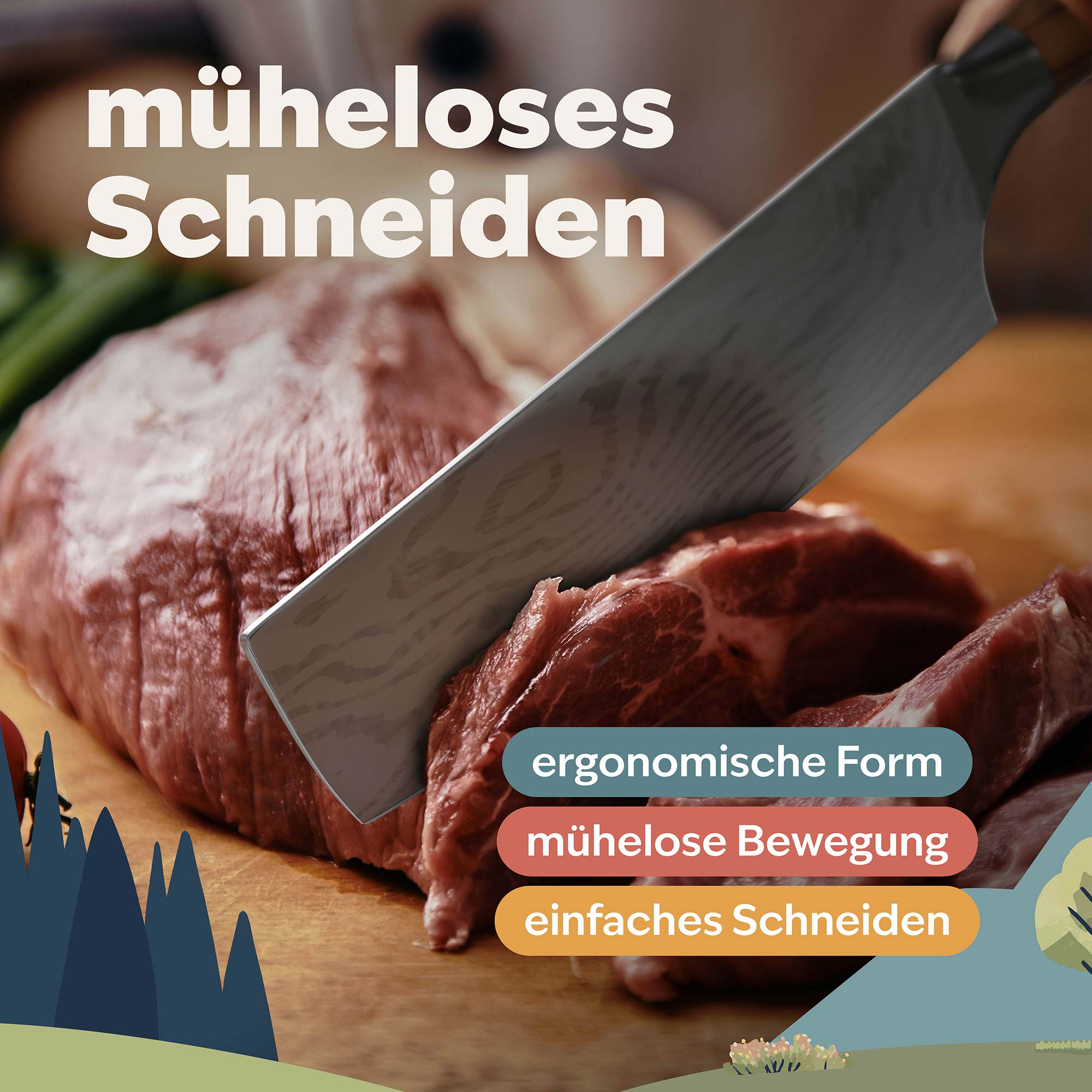 müheloses schneiden von Fleisch mit dem Nakiri Messer