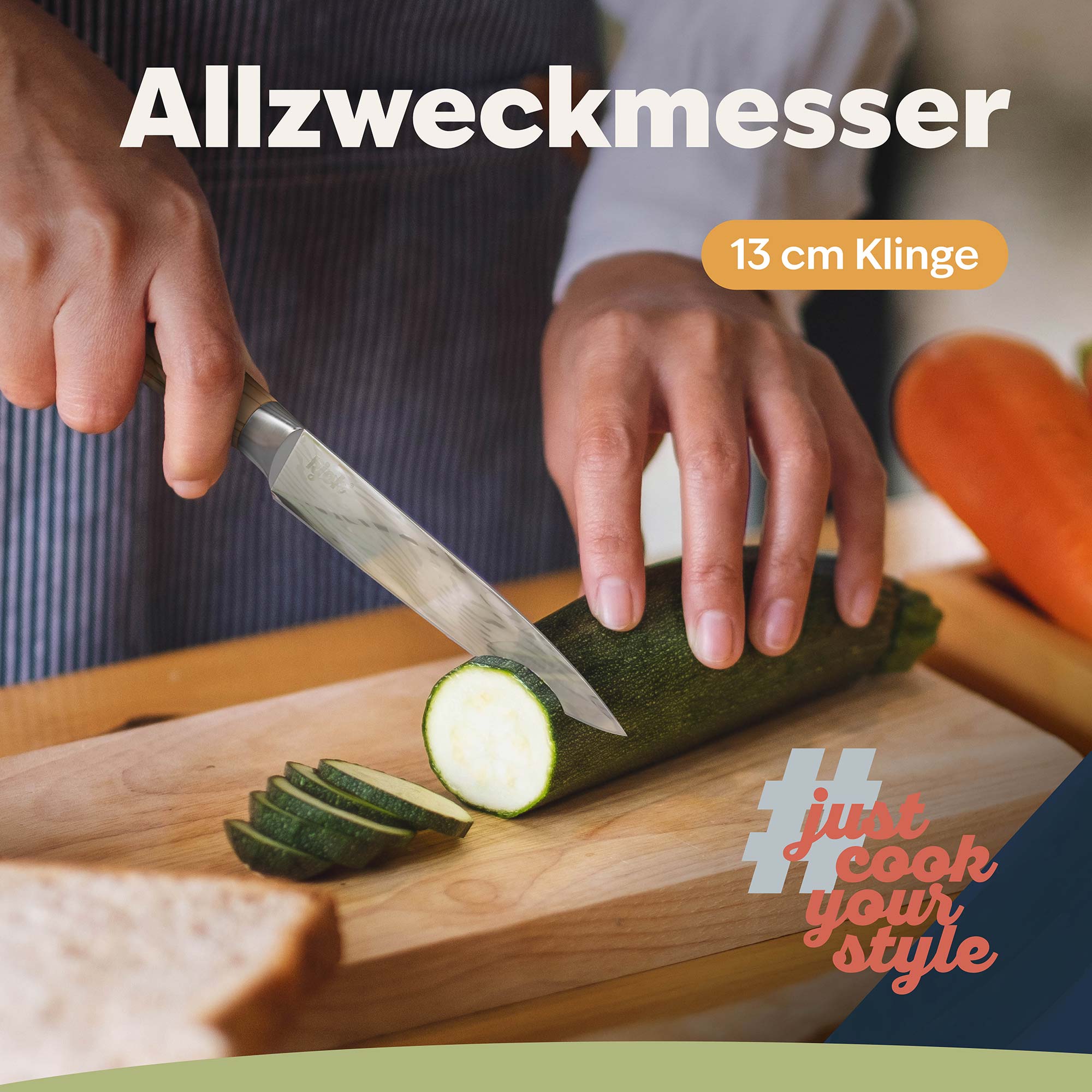 Messer mit scharfer Klinge schneidet Zucchini