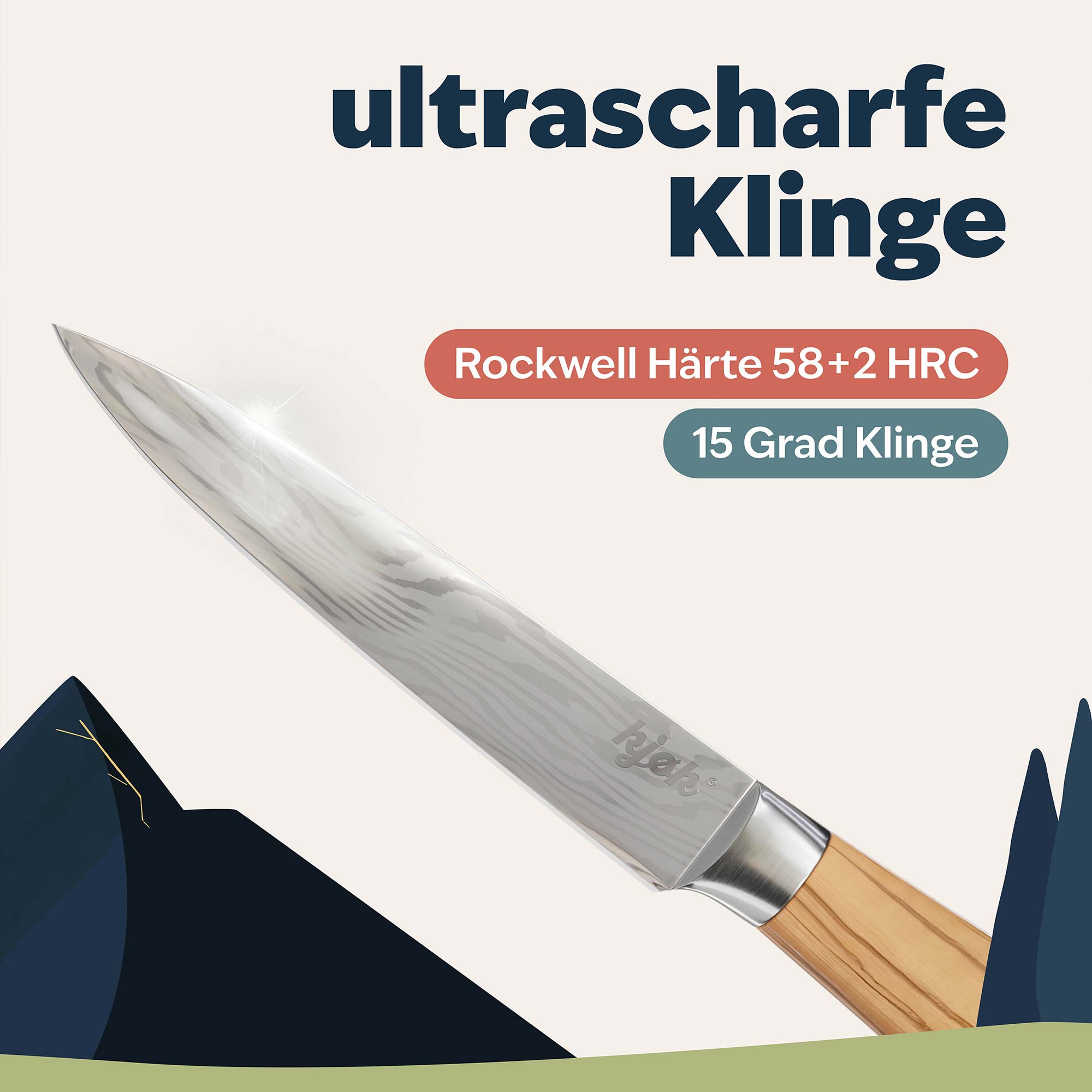 Allzweckmesser von kjøk mit ultrascharfer 15 Grad Klinge und 58+2 Härte