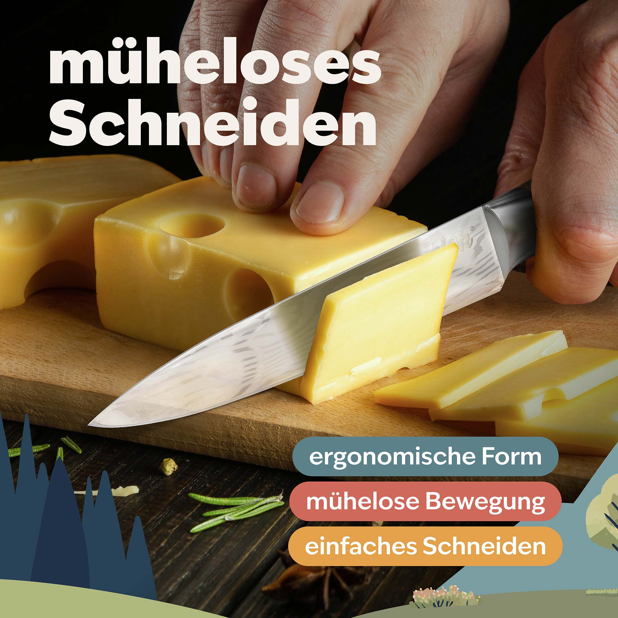 Allzweckmesser mit Olivenholzgriff schneidet Käse
