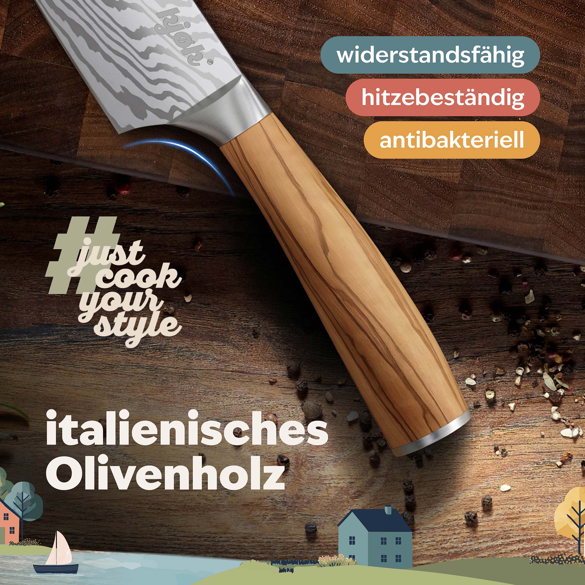 Allzweckmesser mit Olivenholzgriff ist hitzebeständig, widerstandsfähig und antibakteriell