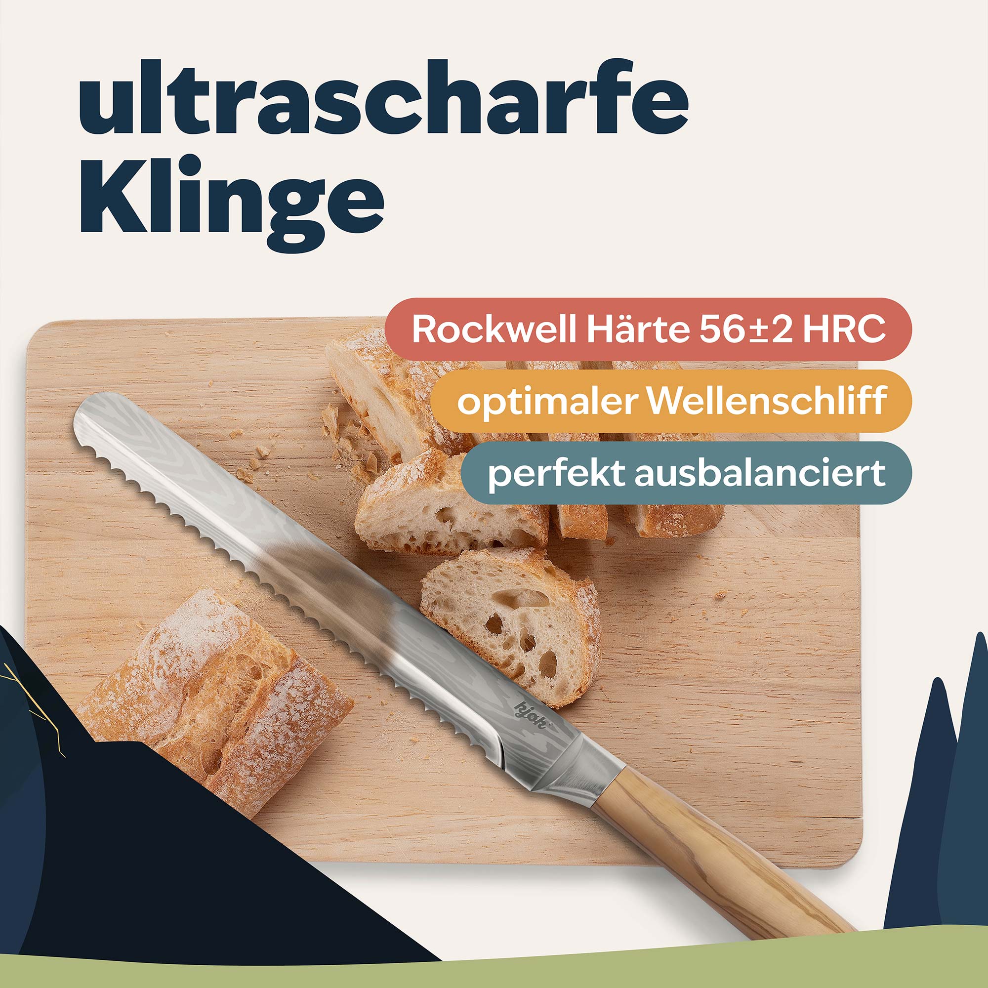 Brotmesser mit Wellenschliff und Olivenholzgriff auf Holzbrett mit frisch geschnittenem Ciabatta