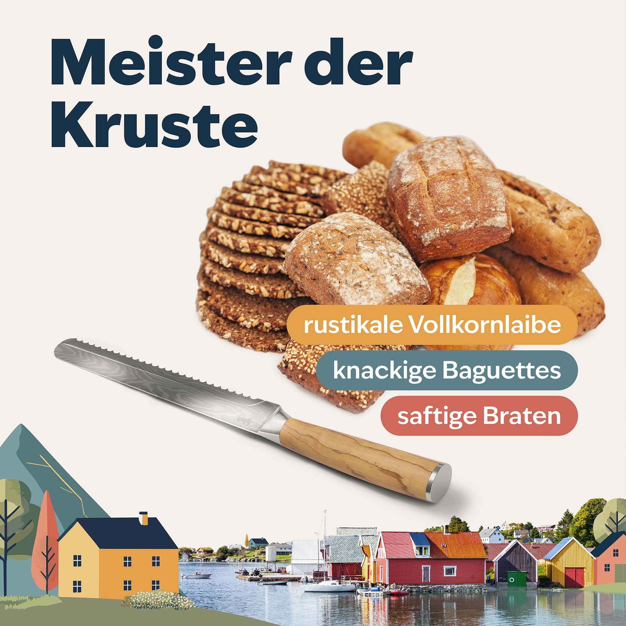 Brotmesser mit Olivenholzgriff vor Auswahl an knusprigen Brötchen und Brotscheiben