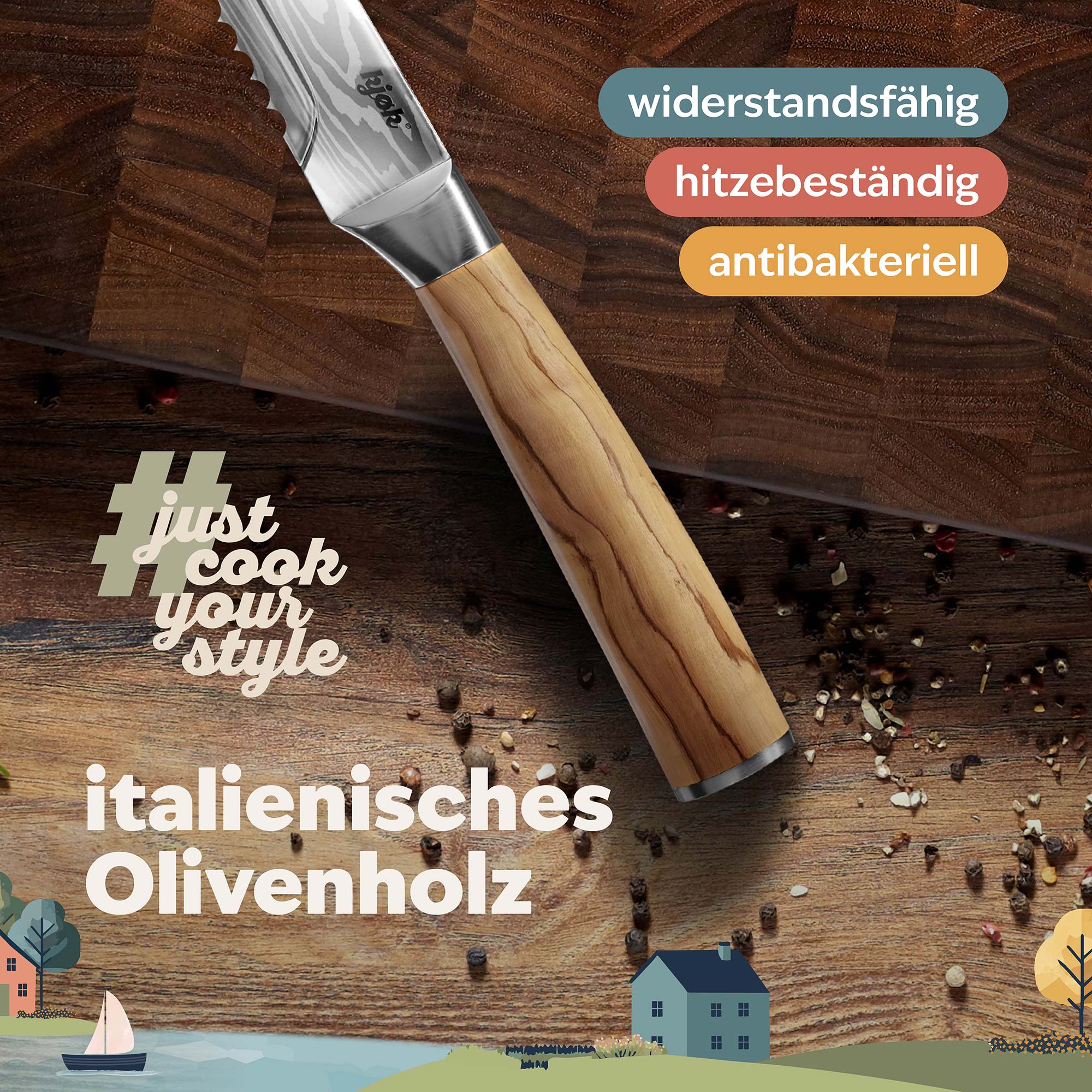 Brotmesser mit Griff aus italienischem Olivenholz auf Gewürzbrett, antibakteriell und hitzebeständig