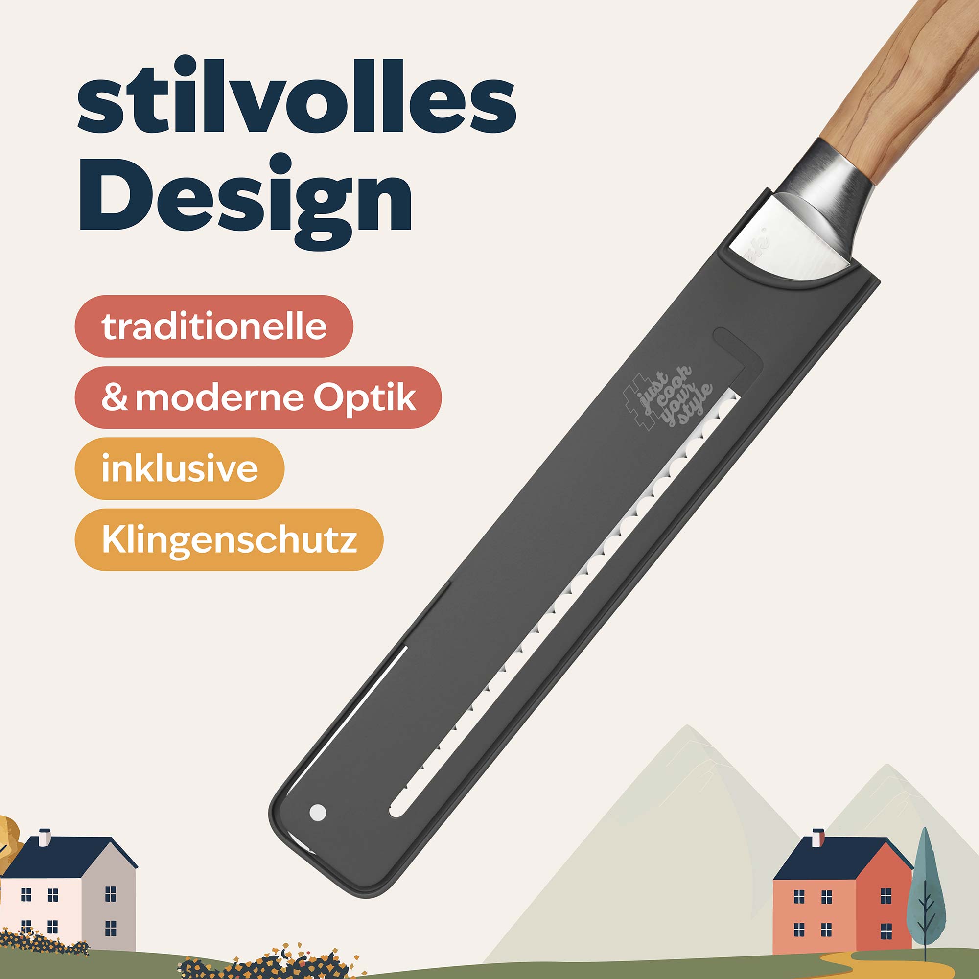 Brotmesser mit Holzgriff in schwarzer Schutzhülle auf hellem Hintergrund