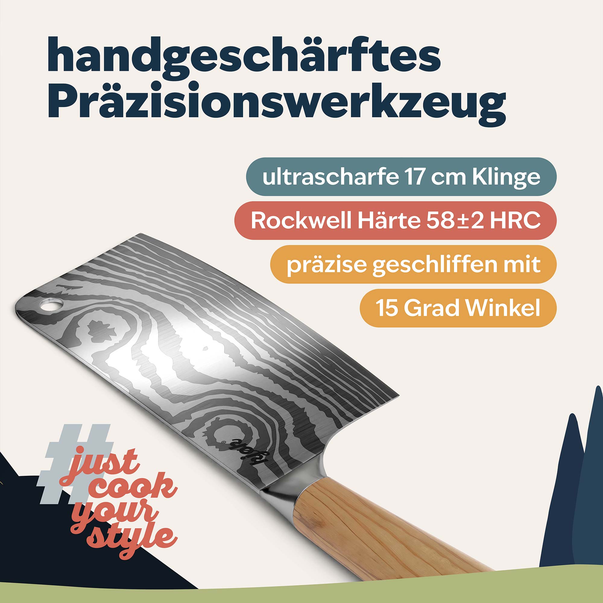 Kjøk Beil mit Damastklinge und Holzgriff, seitlich präsentiert für Detailansicht