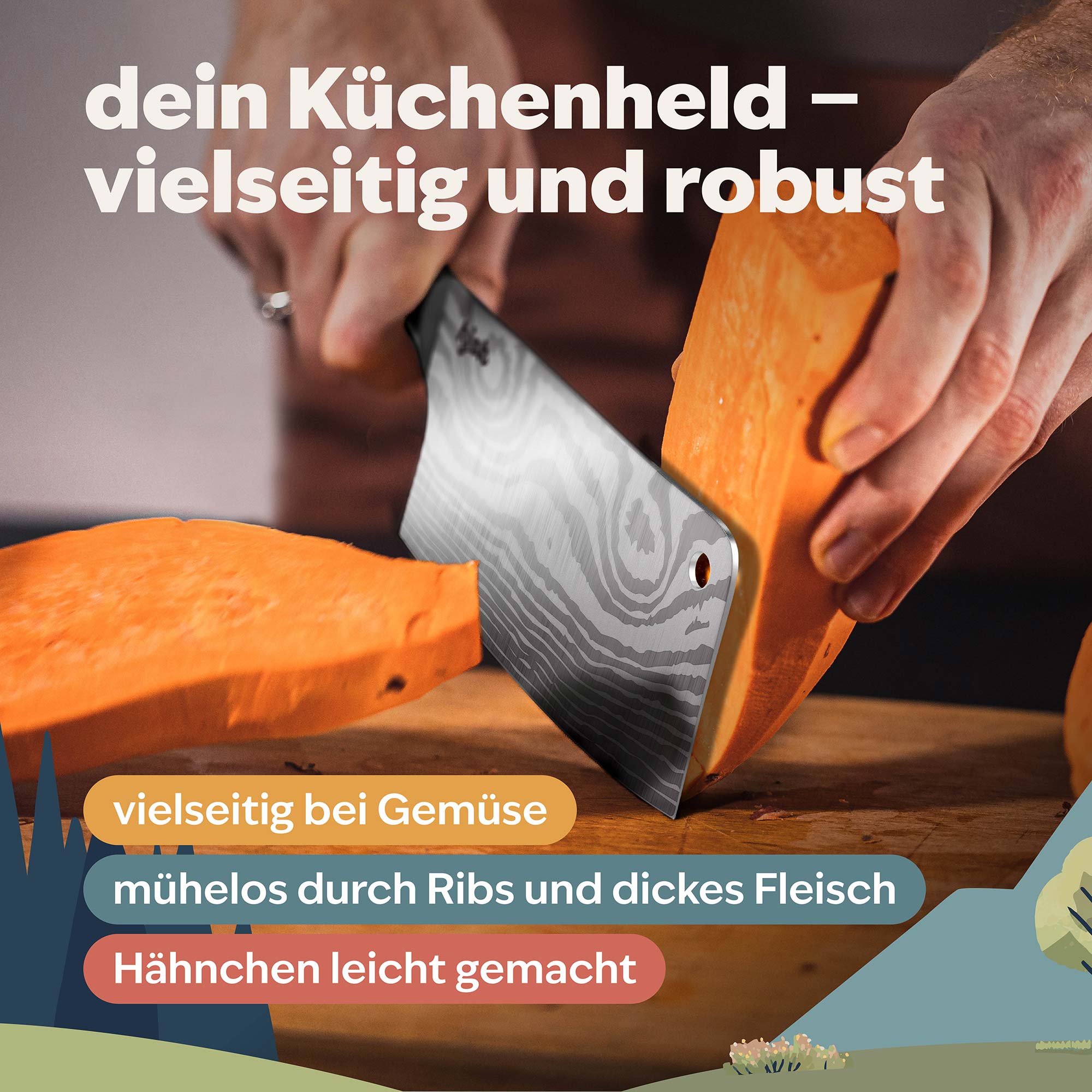 Schneideszene mit Kjøk Hackmesser beim Teilen von Gemüse auf Holzuntergrund