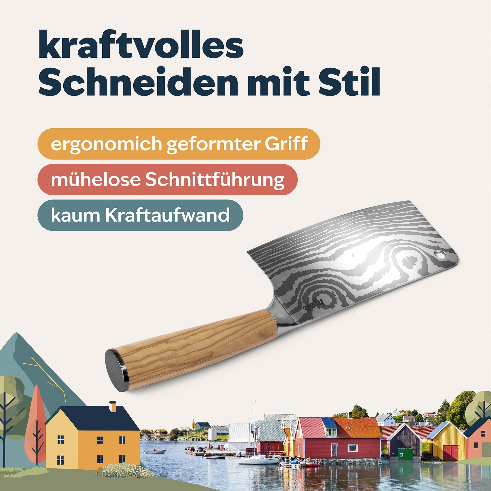 Kjøk Beil mit ergonomischem Holzgriff und gemusterter Klinge stilvoll präsentiert