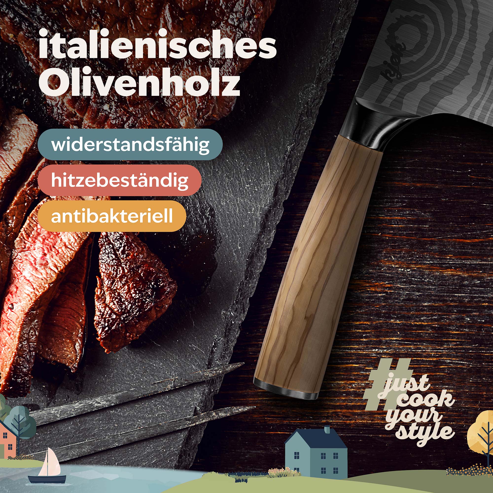 Griff des Hackmessers aus Olivenholz neben aufgeschnittenem Steak auf dunkler Schieferplatte
