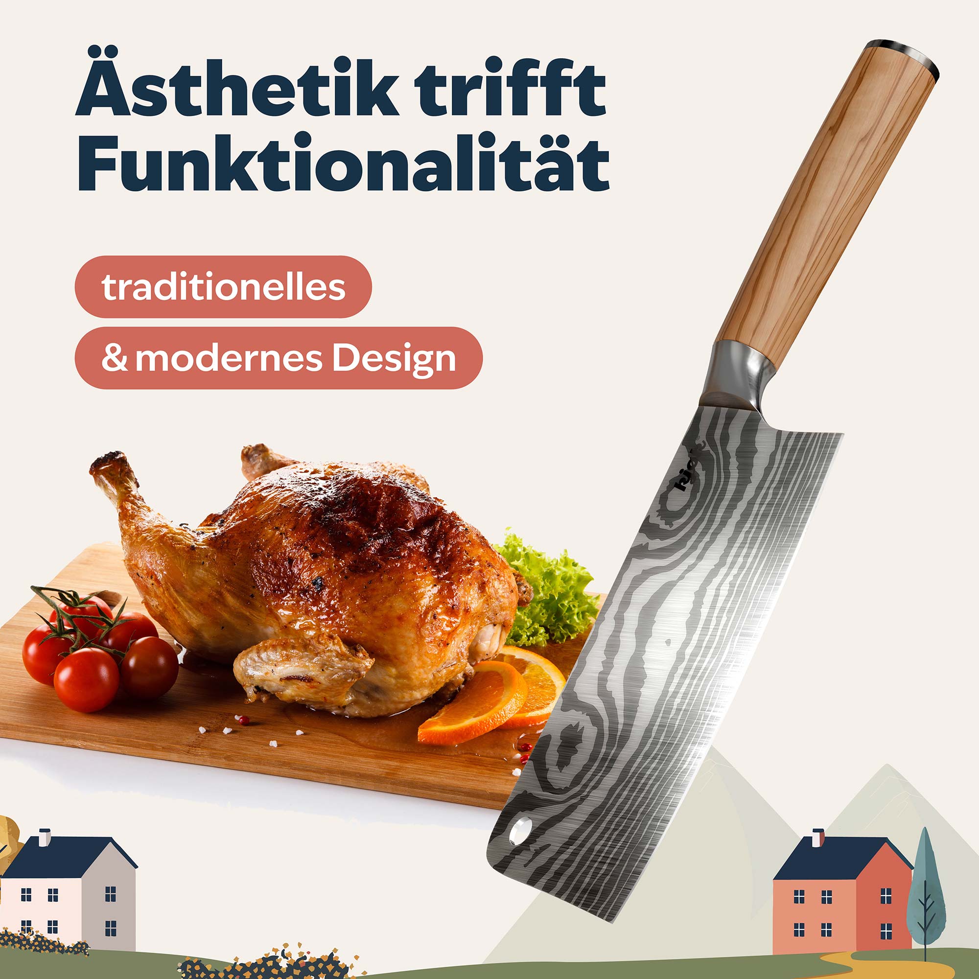 Hackmesser mit Damastmuster neben goldbraunem Brathähnchen auf Holzbrett mit Gemüse und Orangenscheiben
