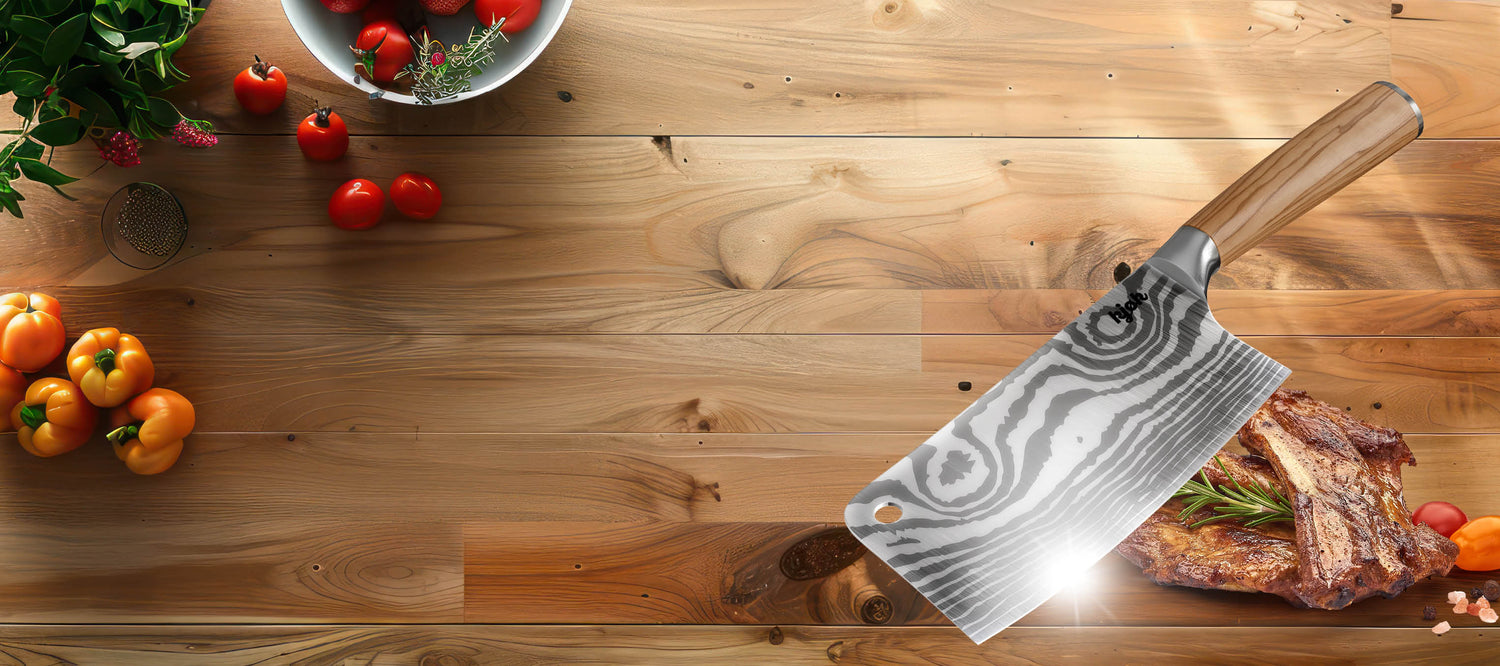 Hackmesser mit Damastklingen-Optik und Holzgriff neben Rippchen, Tomaten und Rosmarin auf Holzfläche