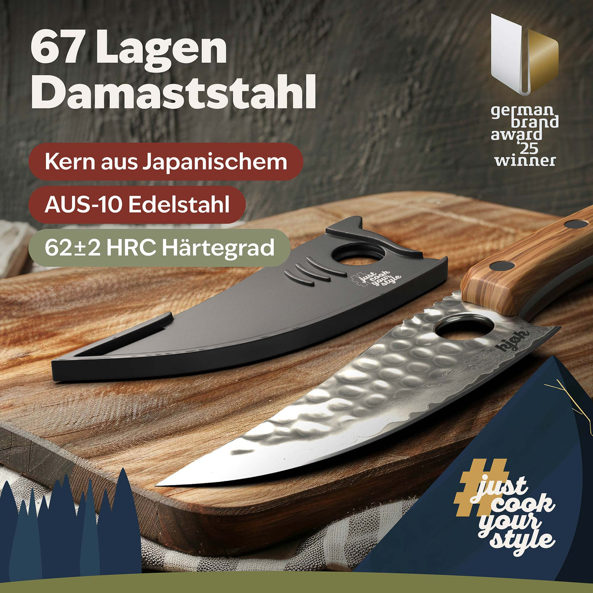 67-lagiges Damastmesser aus AUS-10 Stahl mit 62 ± 2 HRC Härte für präzises Schneiden