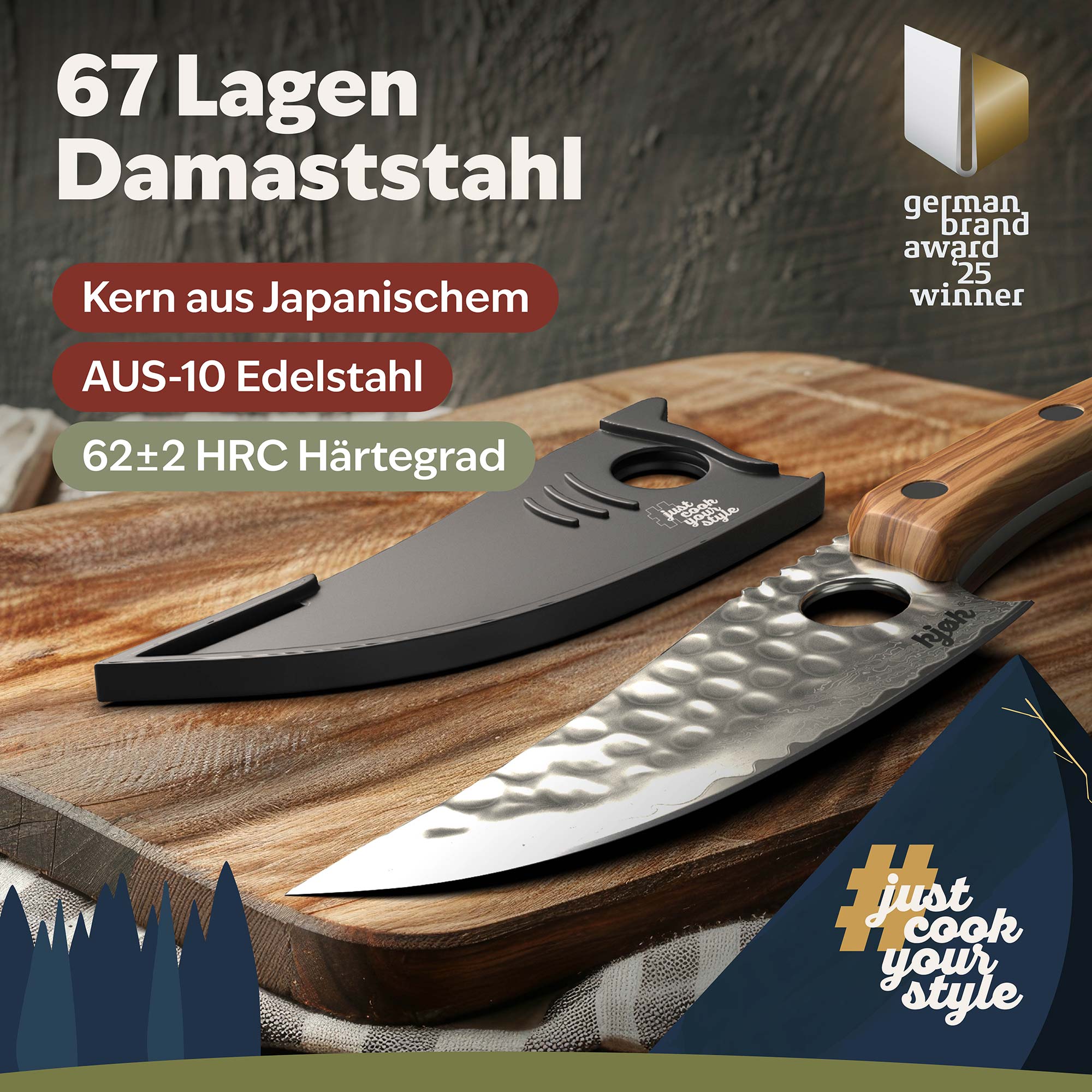 67-lagiges Damastmesser aus japanischem AUS-10 Stahl mit 62 ± 2 HRC Härte für präzises Schneiden