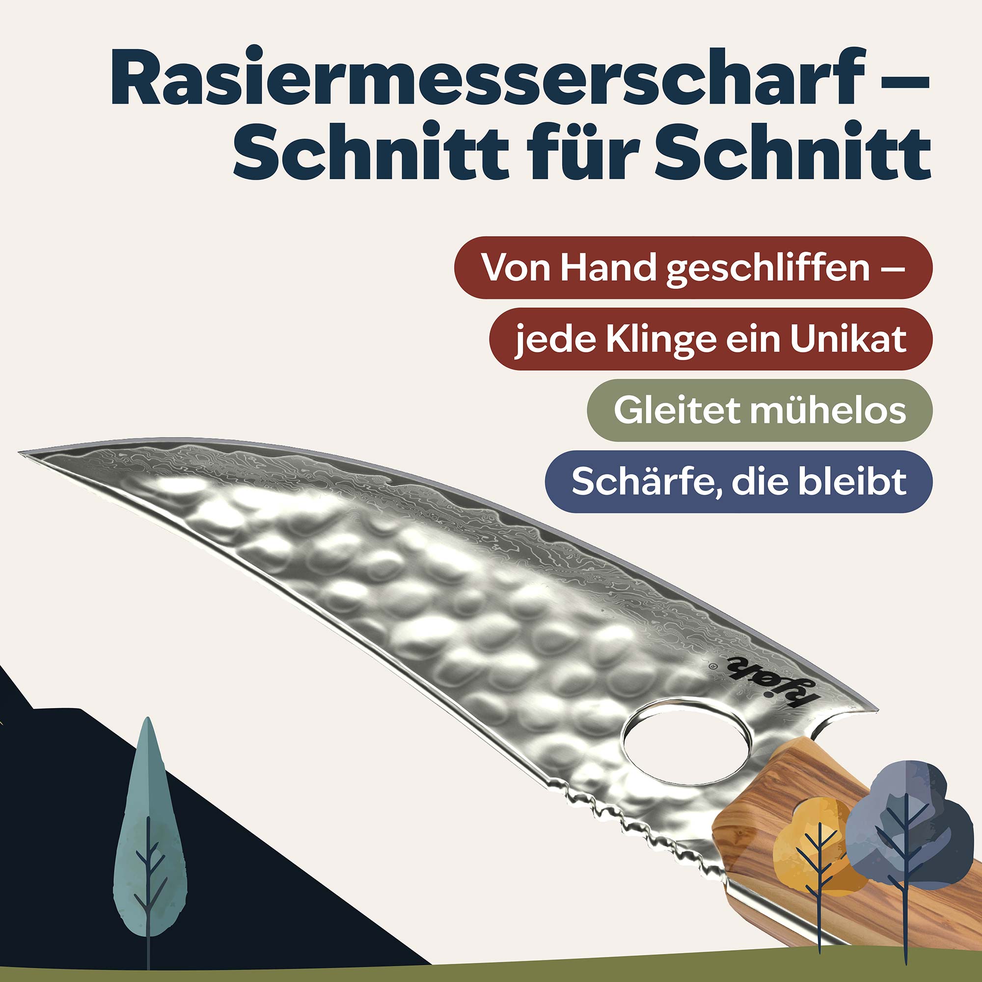 Rasiermesserscharfes Damastmesser – handgeschliffen mit 15° Schneidewinkel für mühelose Präzision