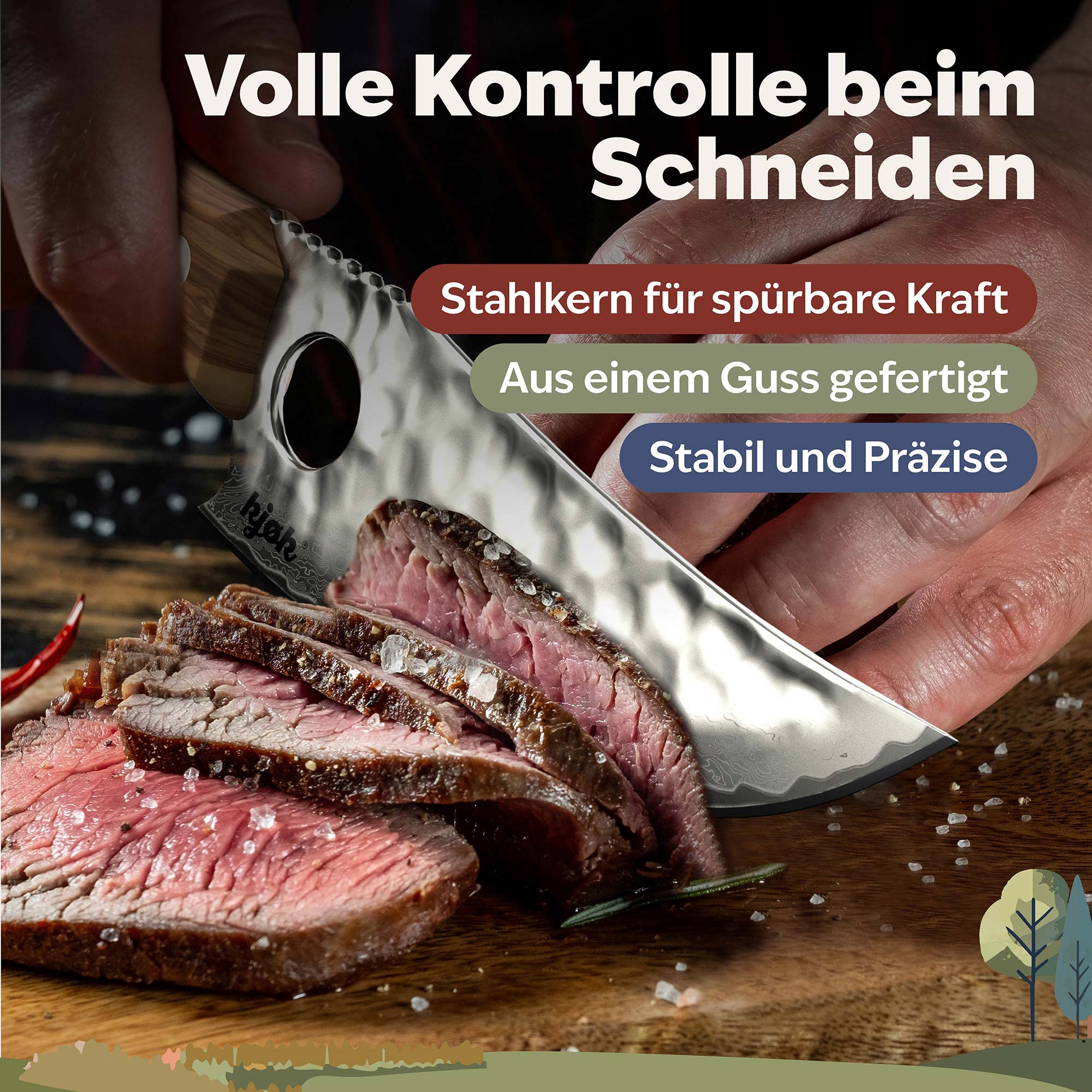 Damastmesser schneidet Steak – stabile AUS-10 Klinge mit Olivenholzgriff für volle Kontrolle
