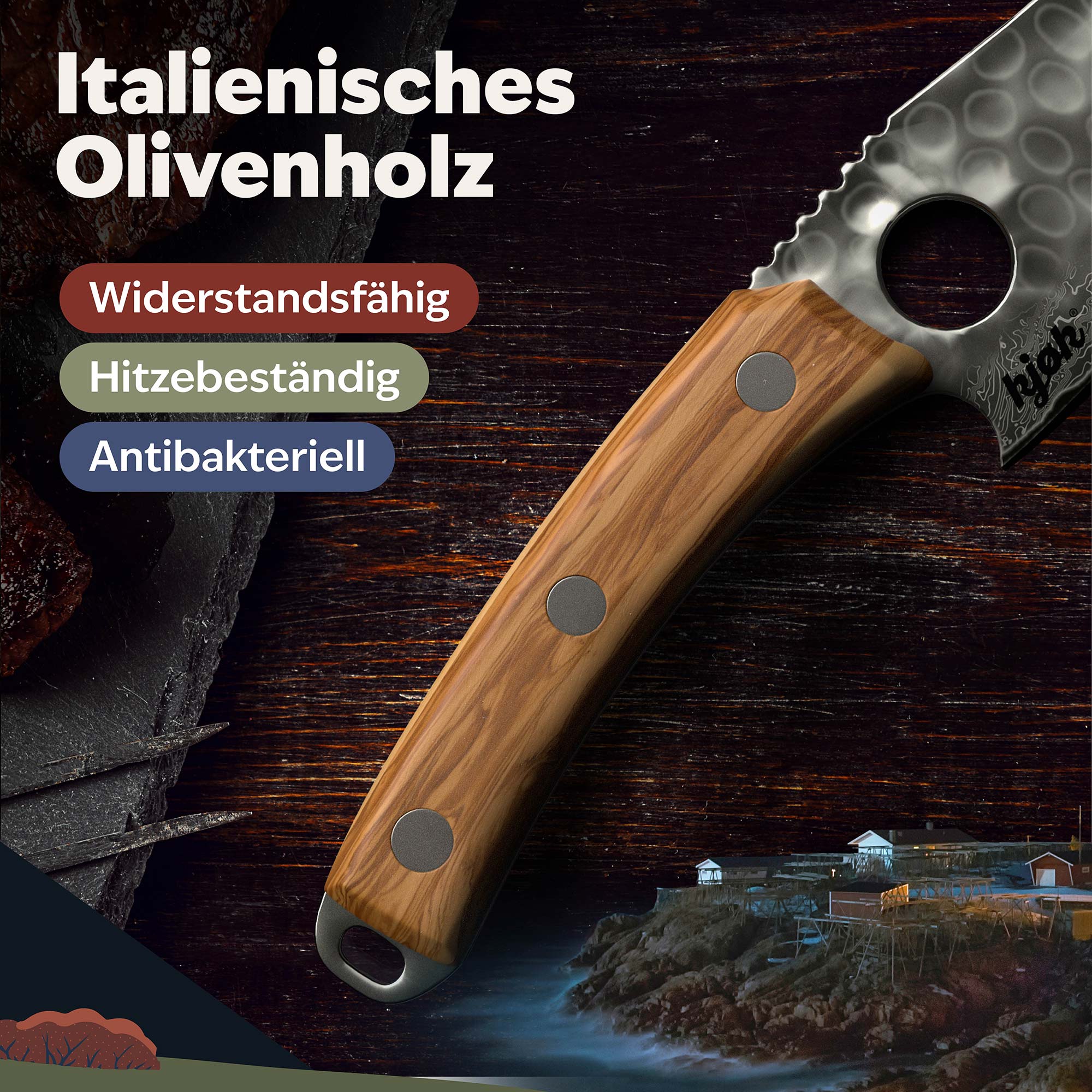 Ergonomischer Griff aus italienischem Olivenholz – hitzebeständig, antibakteriell und natürlich schön