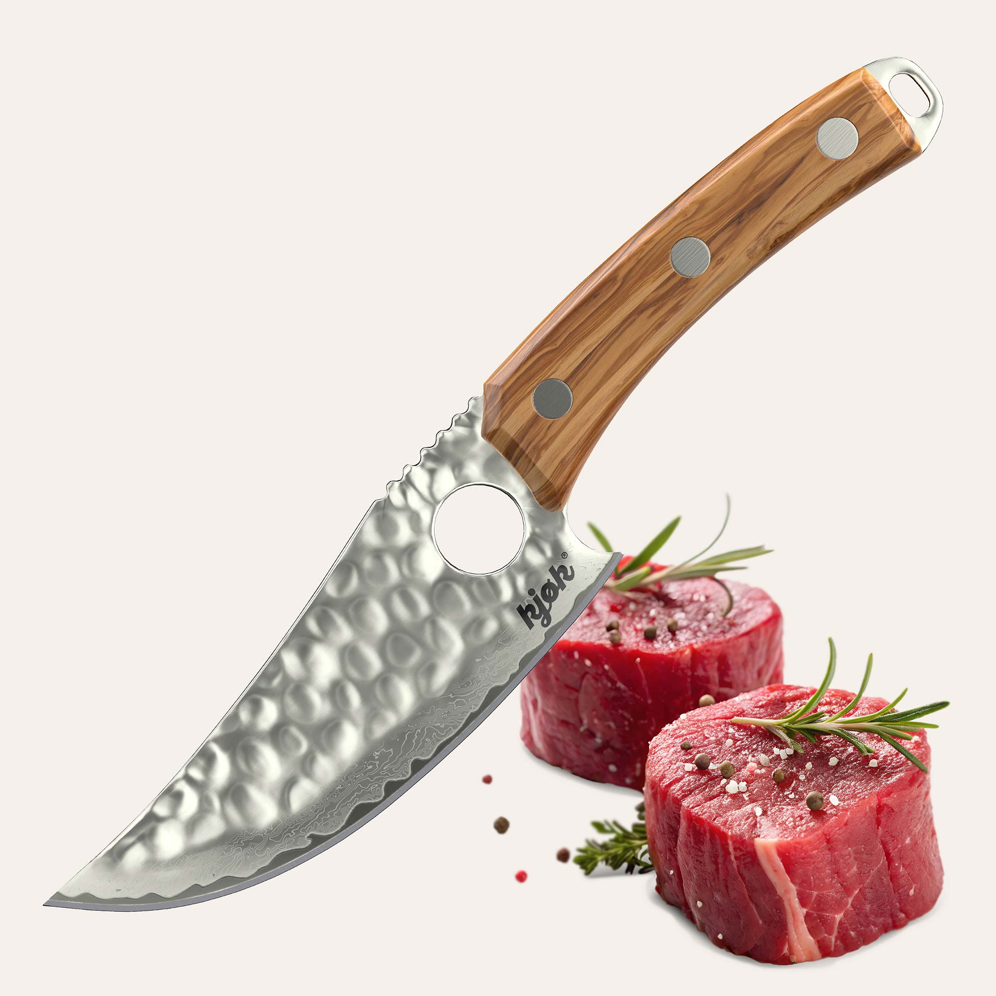 kjøk Damastmesser mit Olivenholzgriff und 67-lagiger Klinge – perfekt zum Schneiden von Fleisch und Gemüse