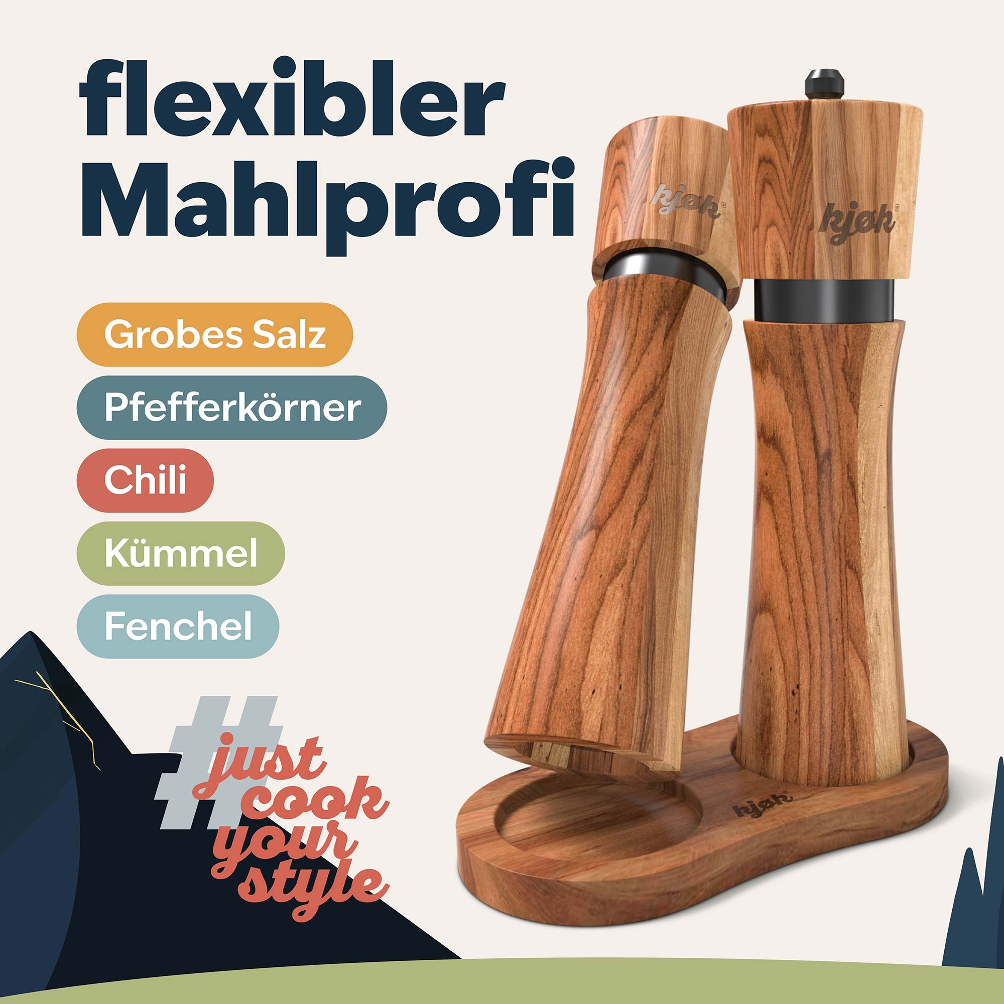Salz- und Pfeffermühlen von kjøk stehen auf passender Holzhalterung und passen perfekt in die Aushöhlungen