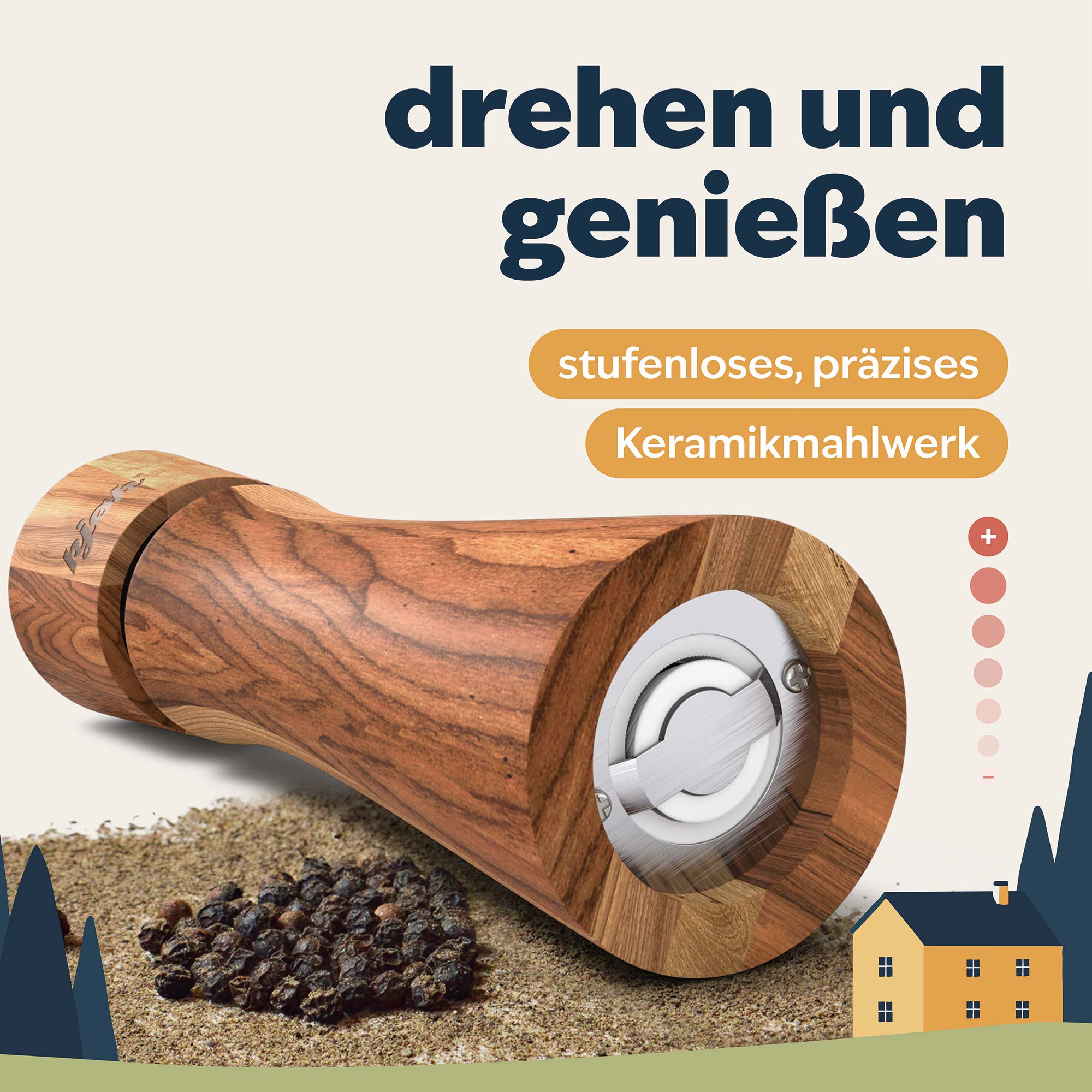 Mühle liegt auf gemahlenem Geürz, daneben Pfefferörner