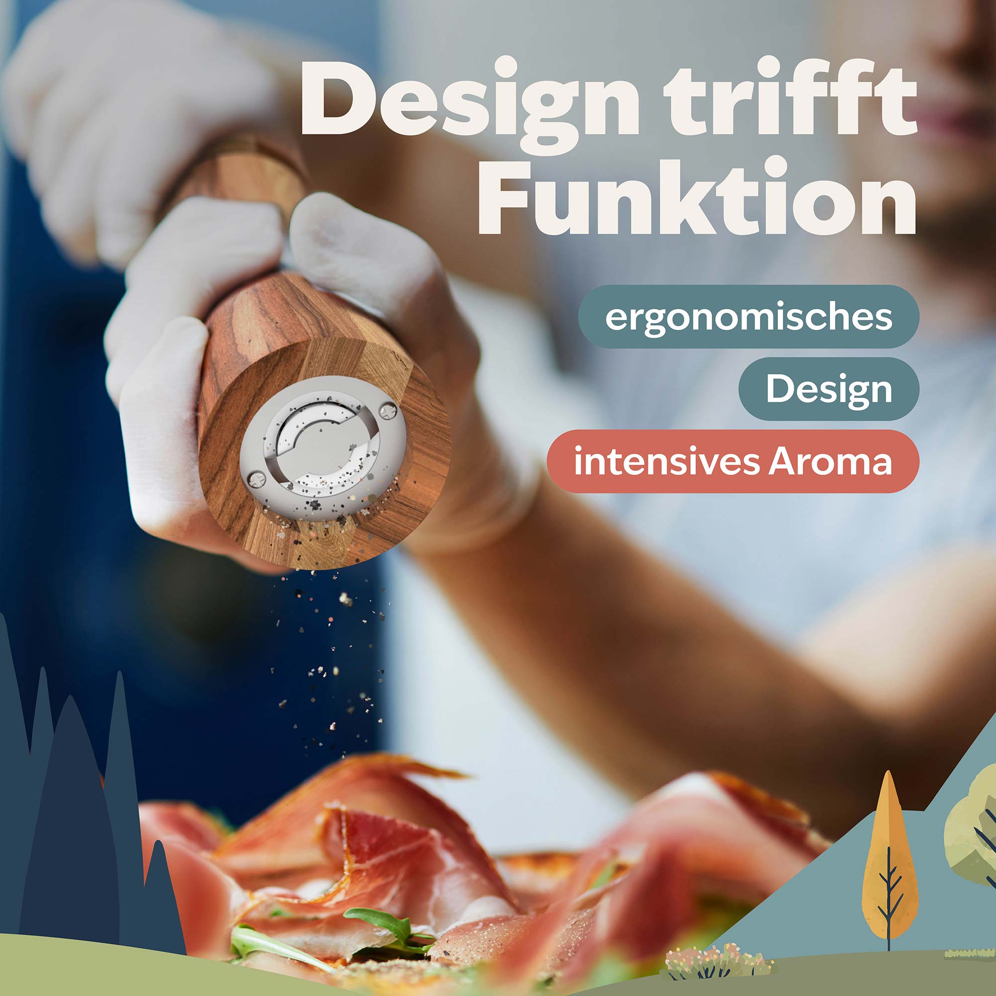 Hand mit Handschuhen dreht die Mühle, Pfeffer kommt heraus und würzt Fleischgericht