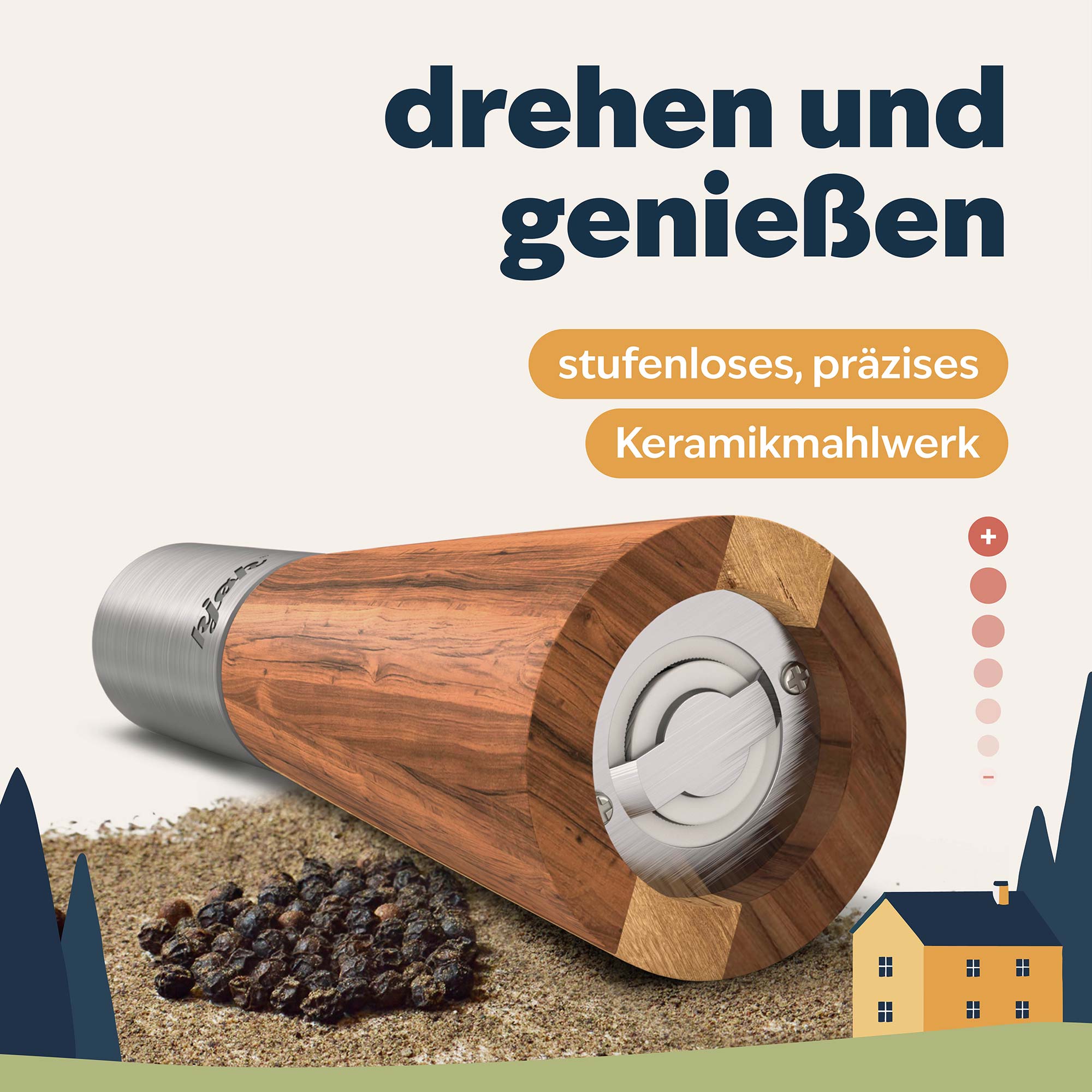 Mühle liegt auf gemahlenem Geürz, daneben Pfefferörner