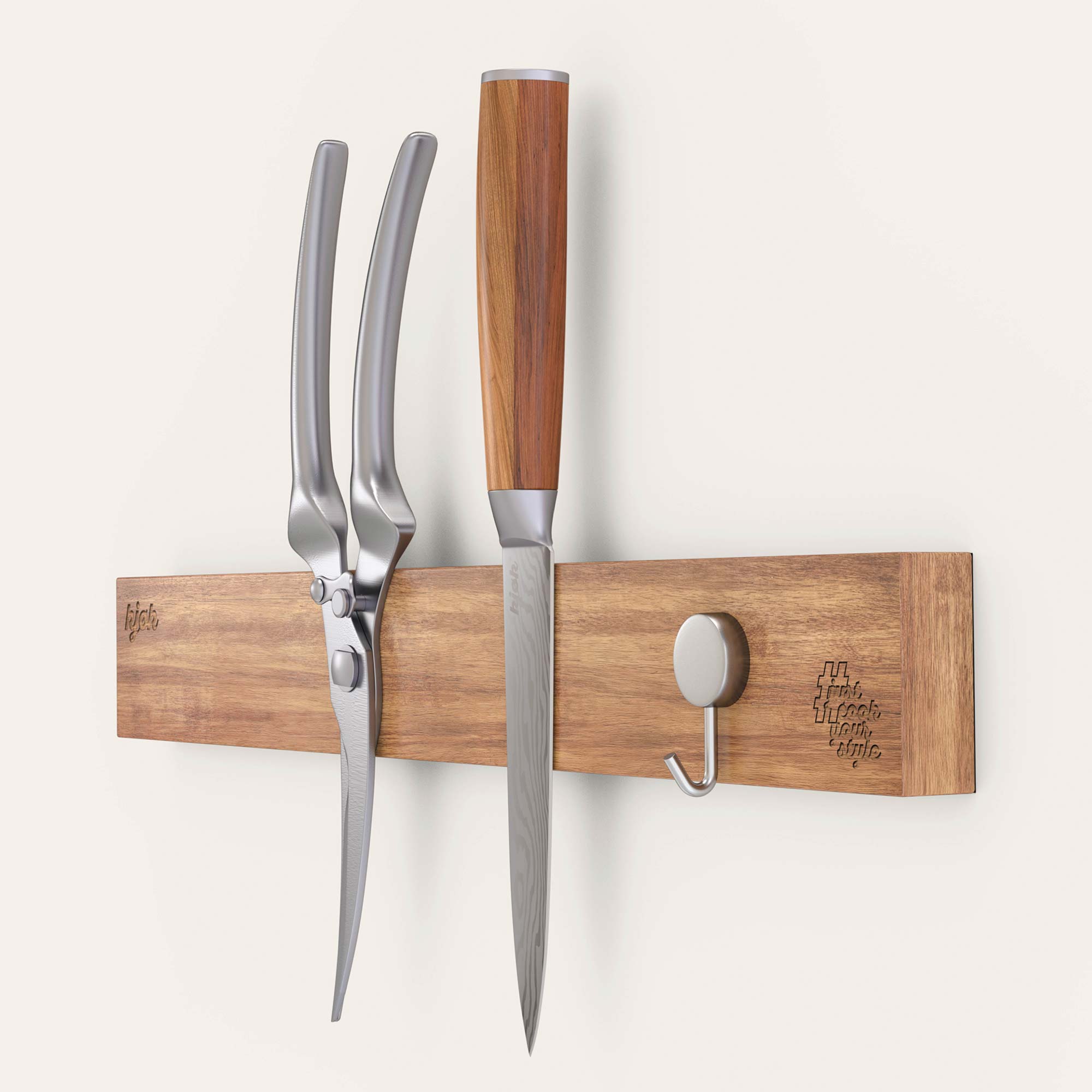 kjøk Magnetleiste aus Holz mit Edelstahl-Geflügelschere, Küchenmesser und praktischem Haken – platzsparende Messeraufbewahrung mit Stil