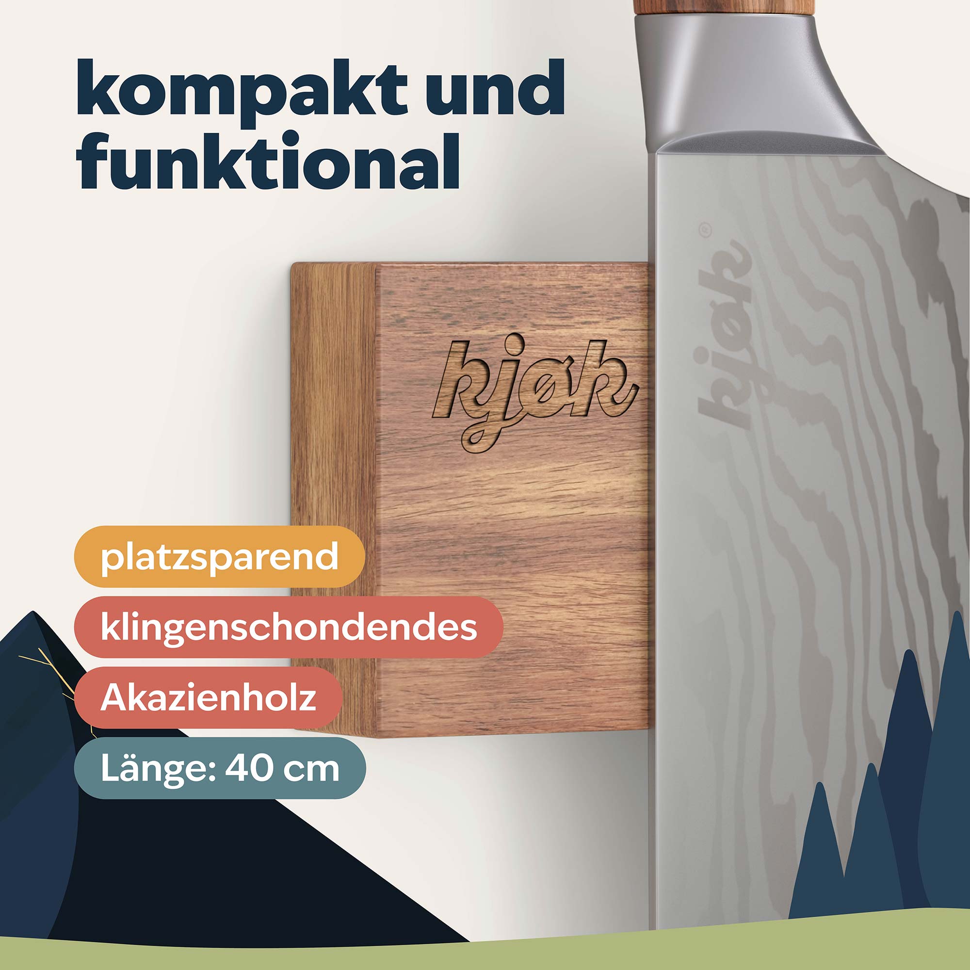 kjøk Magnet-Messerleiste aus Holz mit graviertem Logo und Damastmesser – stilvolle Aufbewahrung für hochwertige Küchenmesser mit