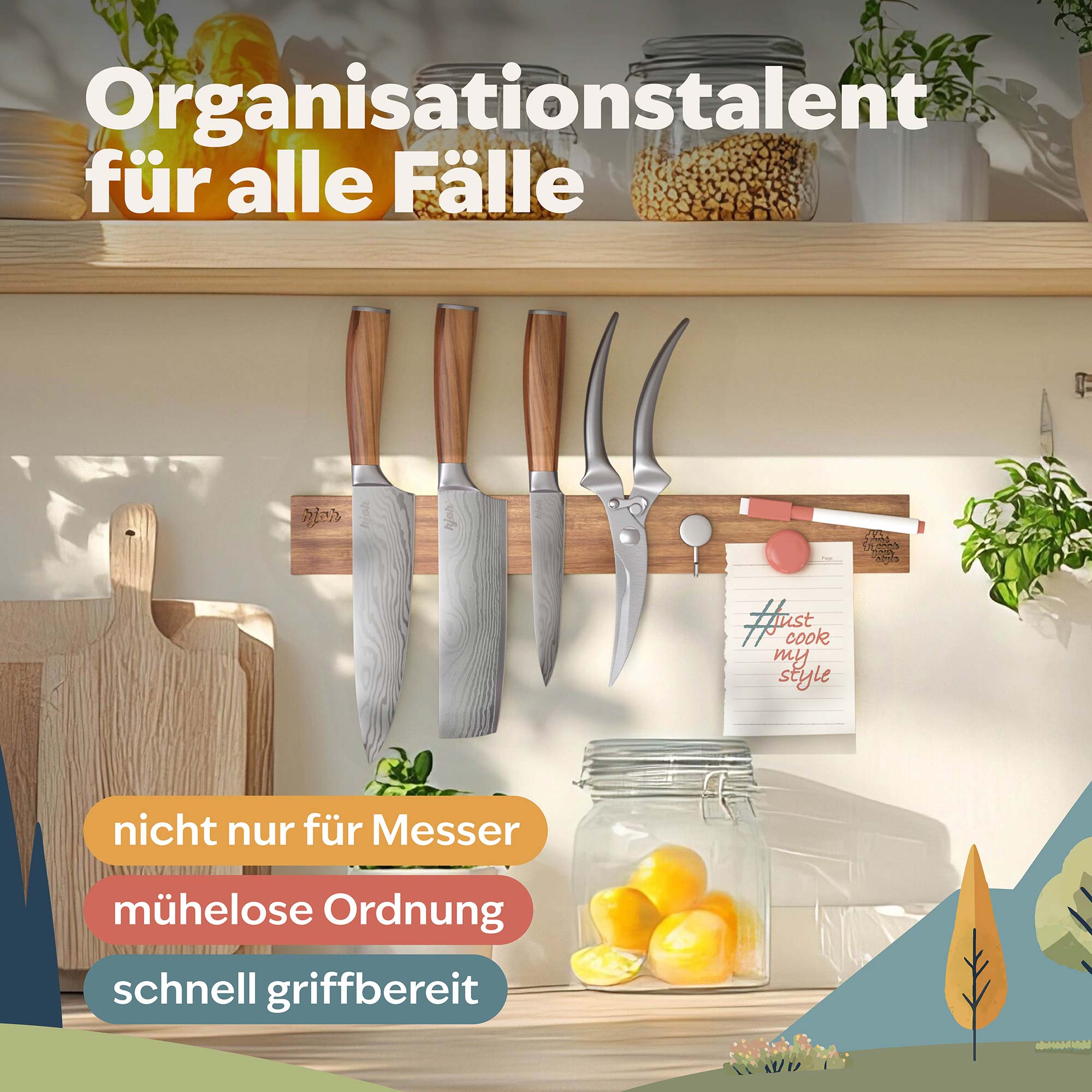 kjøk Magnetleiste mit Küchenmessern und Geflügelschere aus Edelstahl und Olivenholz – dekorativ und funktional in stilvoller Küchenumgebung