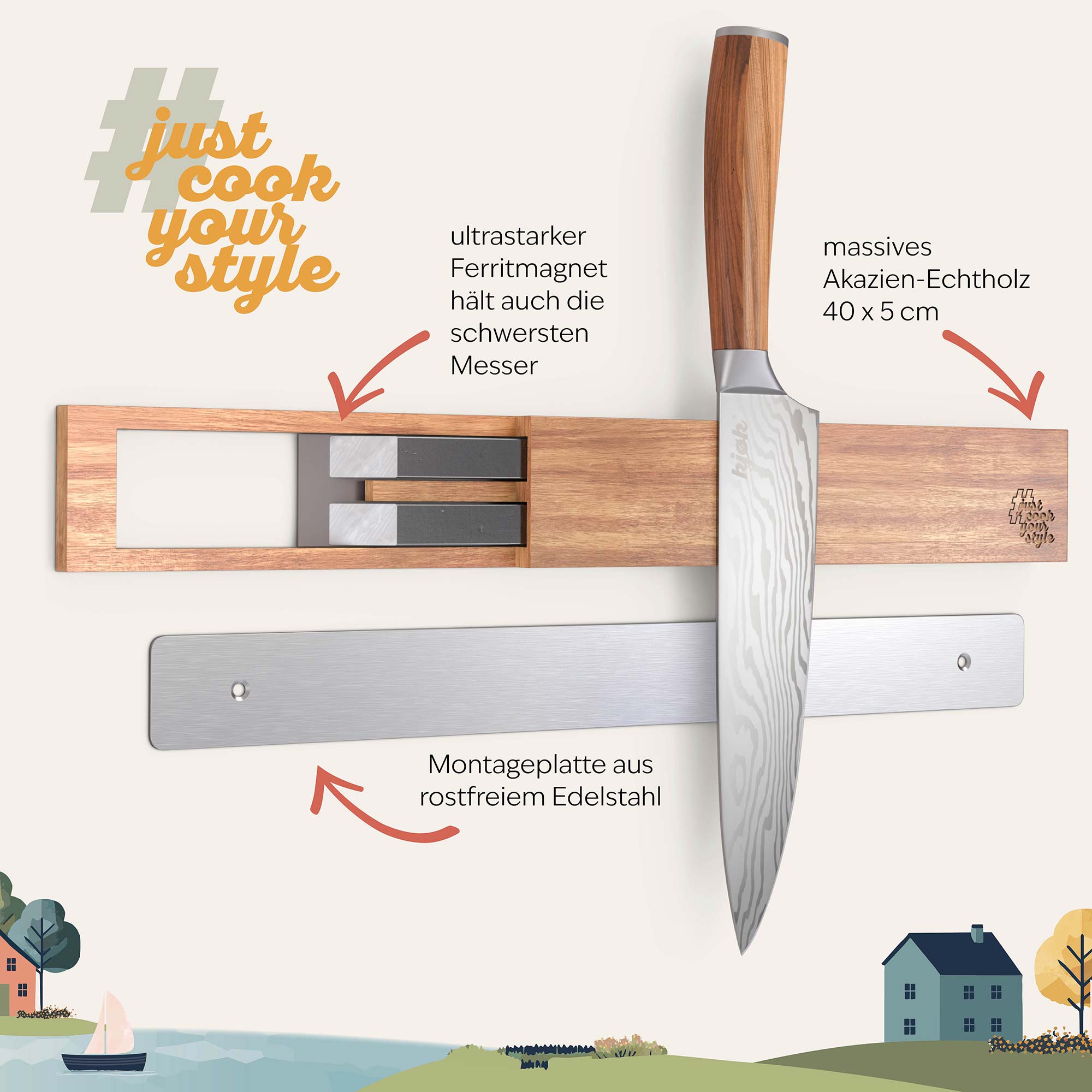 kjøk Magnet-Messerleiste aus Akazienholz mit ultrastarkem Ferritmagnet und Edelstahl-Montageplatte – hält auch schwere Messer sicher an der Wand