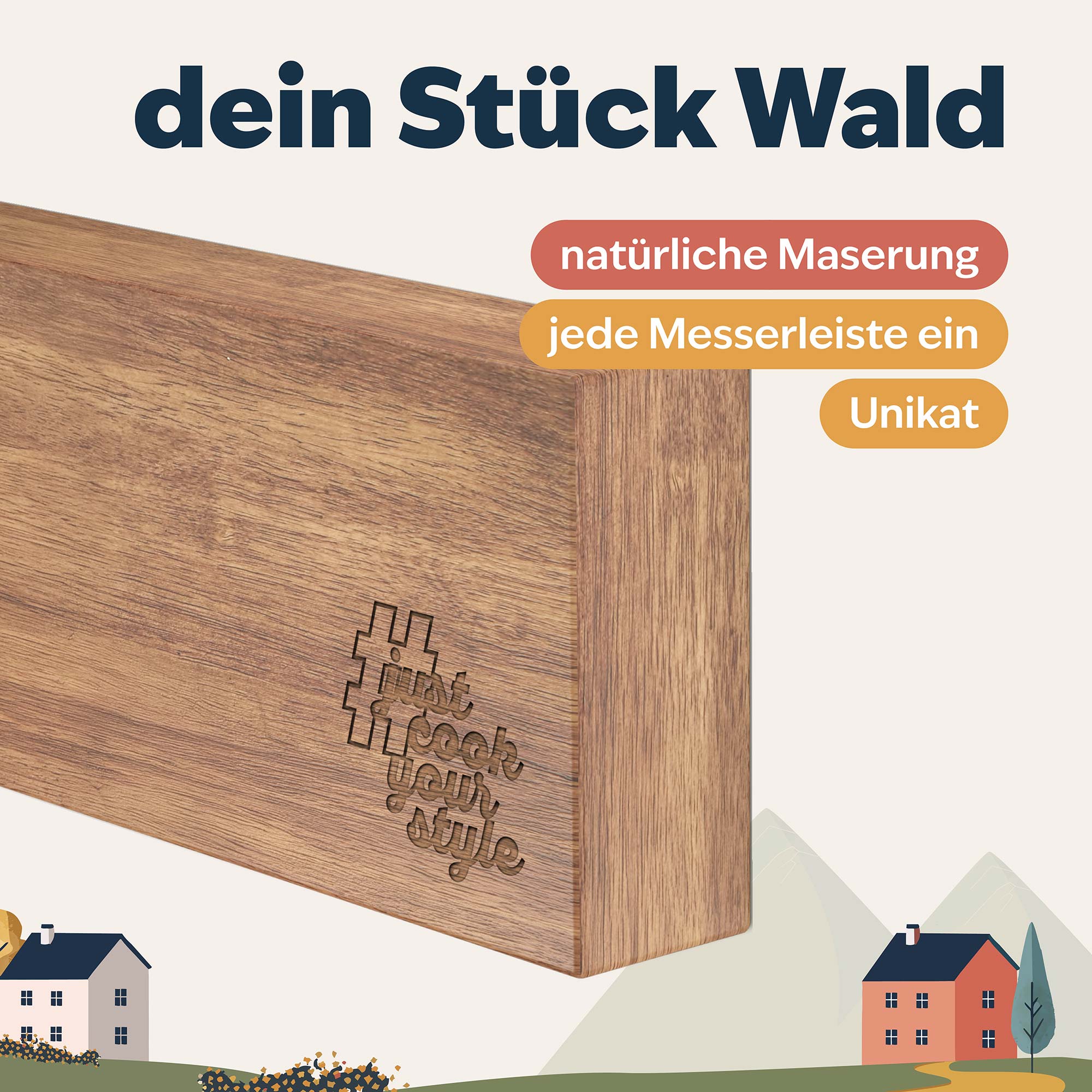 kjøk Messerleiste aus massivem Akazienholz mit einzigartiger Maserung – jedes Stück ein natürliches Unikat
