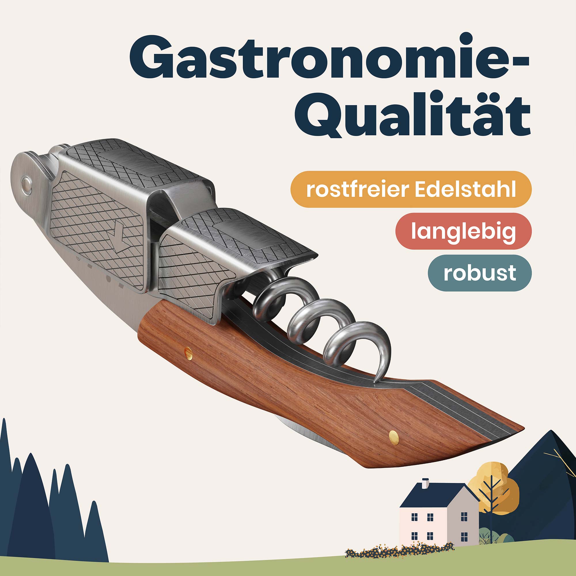 Kellnermessre mit Holzgriff aus rostfreiem Edelstahl