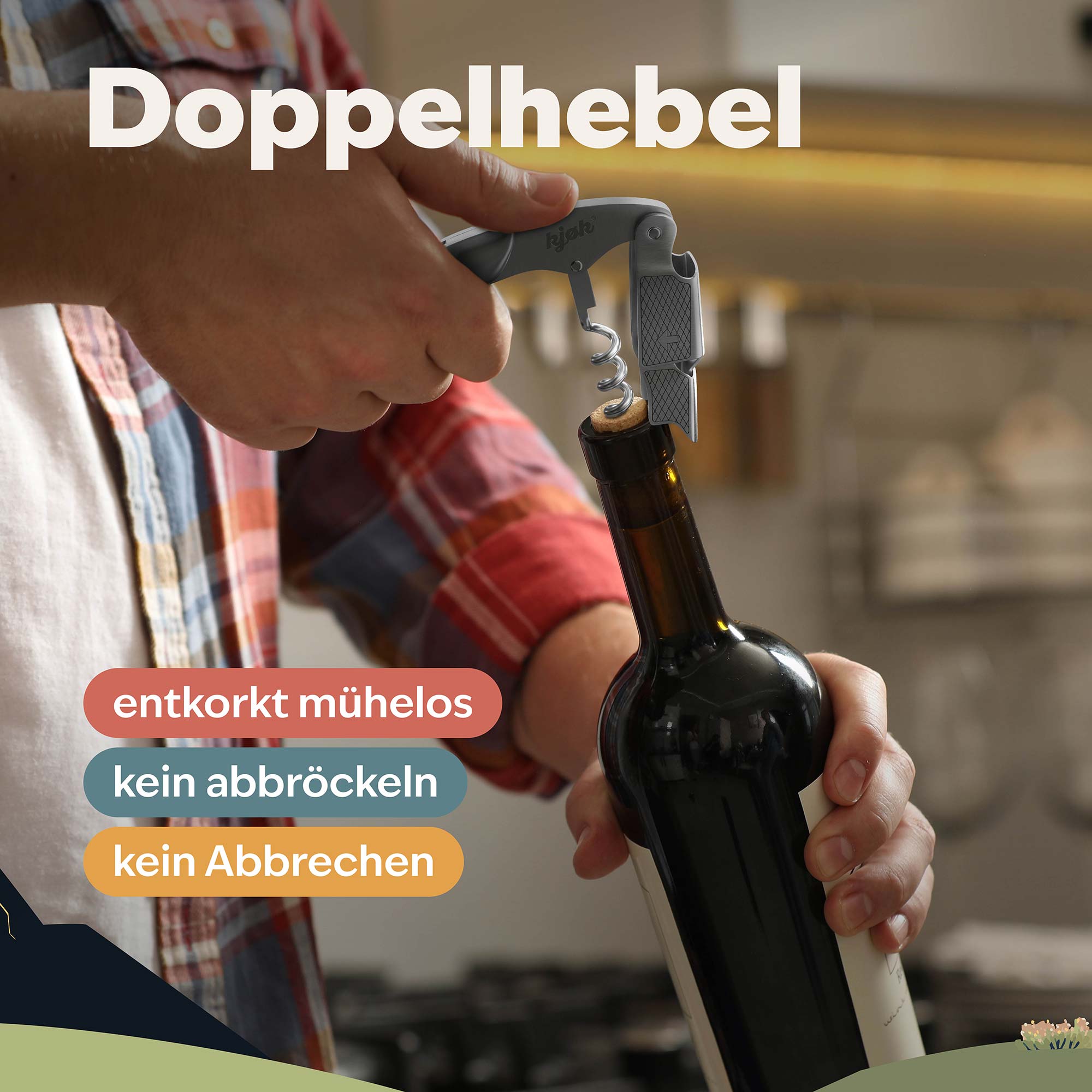 Doppelhebelfunktion erleichtert das Öffnen von Weinflaschen