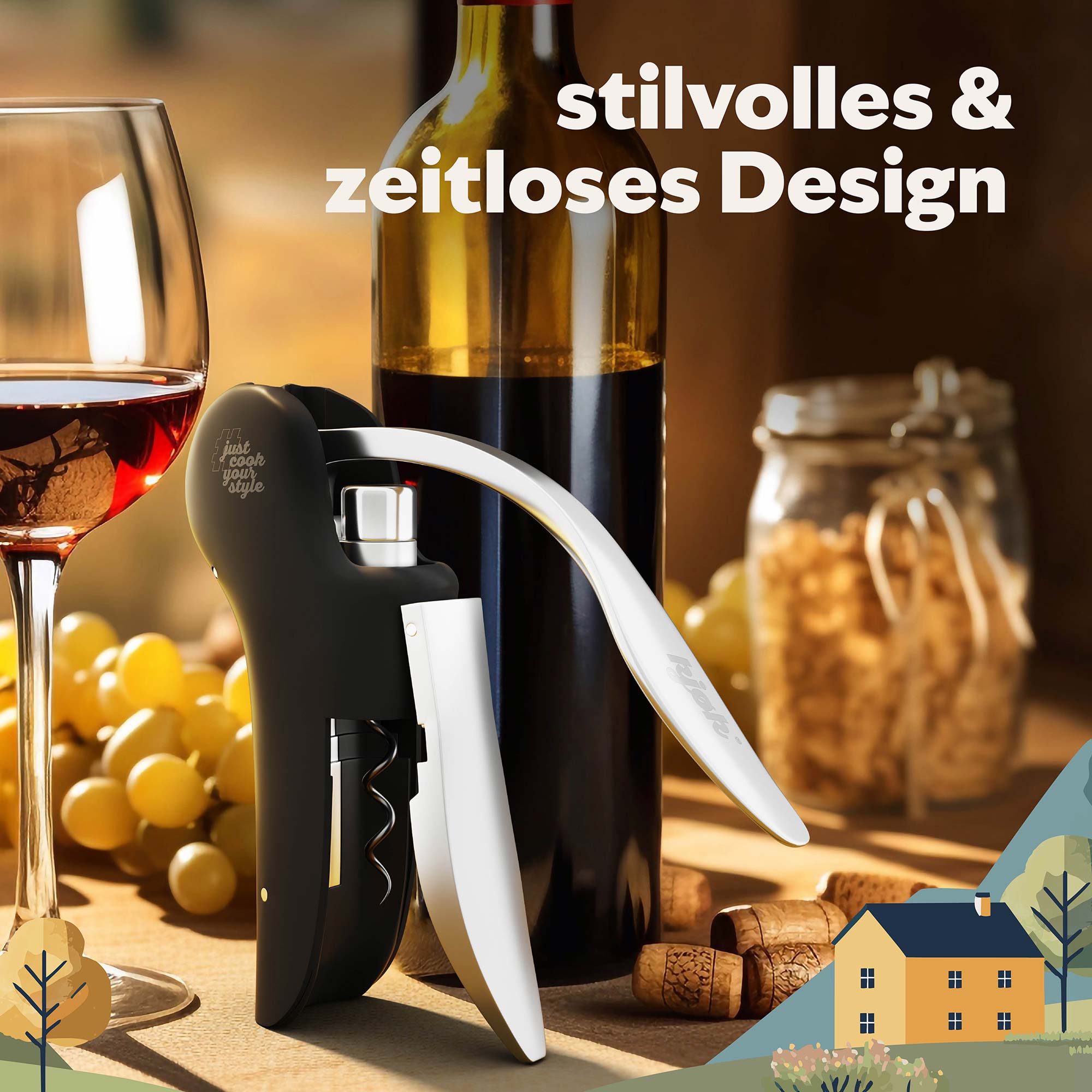 Korkenzieher von kjøk neben Rotweinflasche im Sonnenuntergang