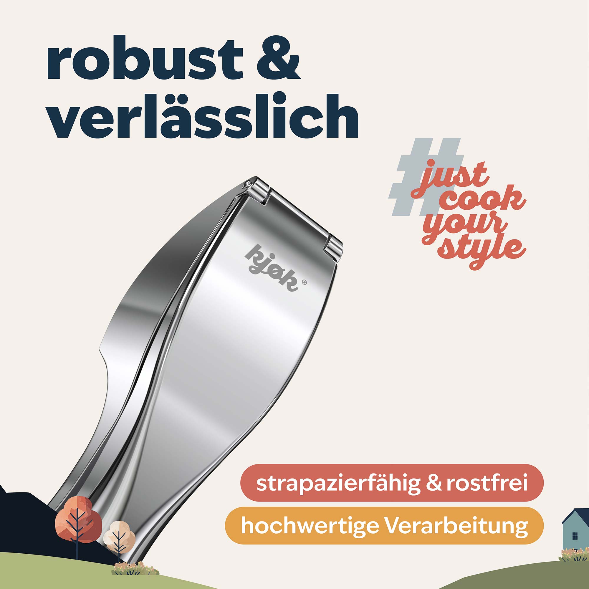 Detailansicht einer silbernen Knoblauchpresse mit kJøk-Logo auf hellem Hintergrund