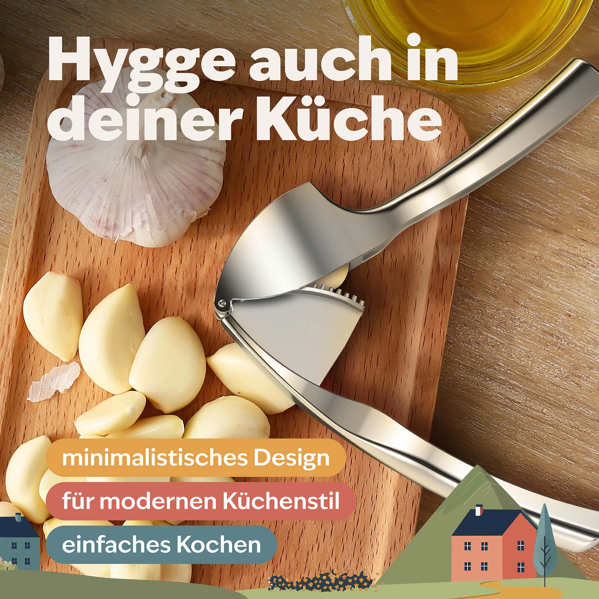Knoblauchpresse auf Holzbrett mit frischem Knoblauch und Olivenöl