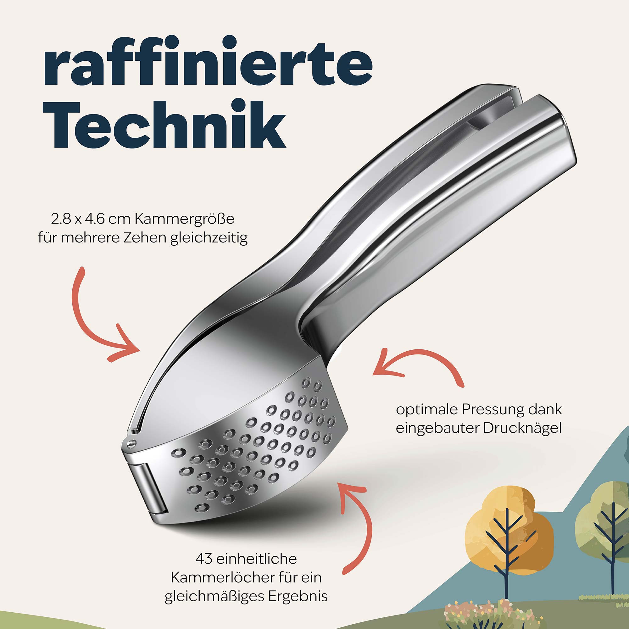 Detailansicht der kjøk Knoblauchpresse mit erklärenden Grafiken zur Kammergröße und Druckmechanik