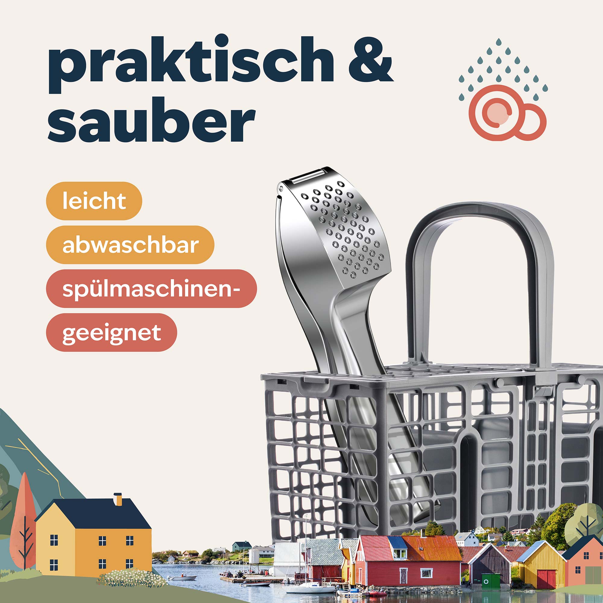 Knoblauchpresse im Besteckkorb der Spülmaschine, im skandinavischen Designstil