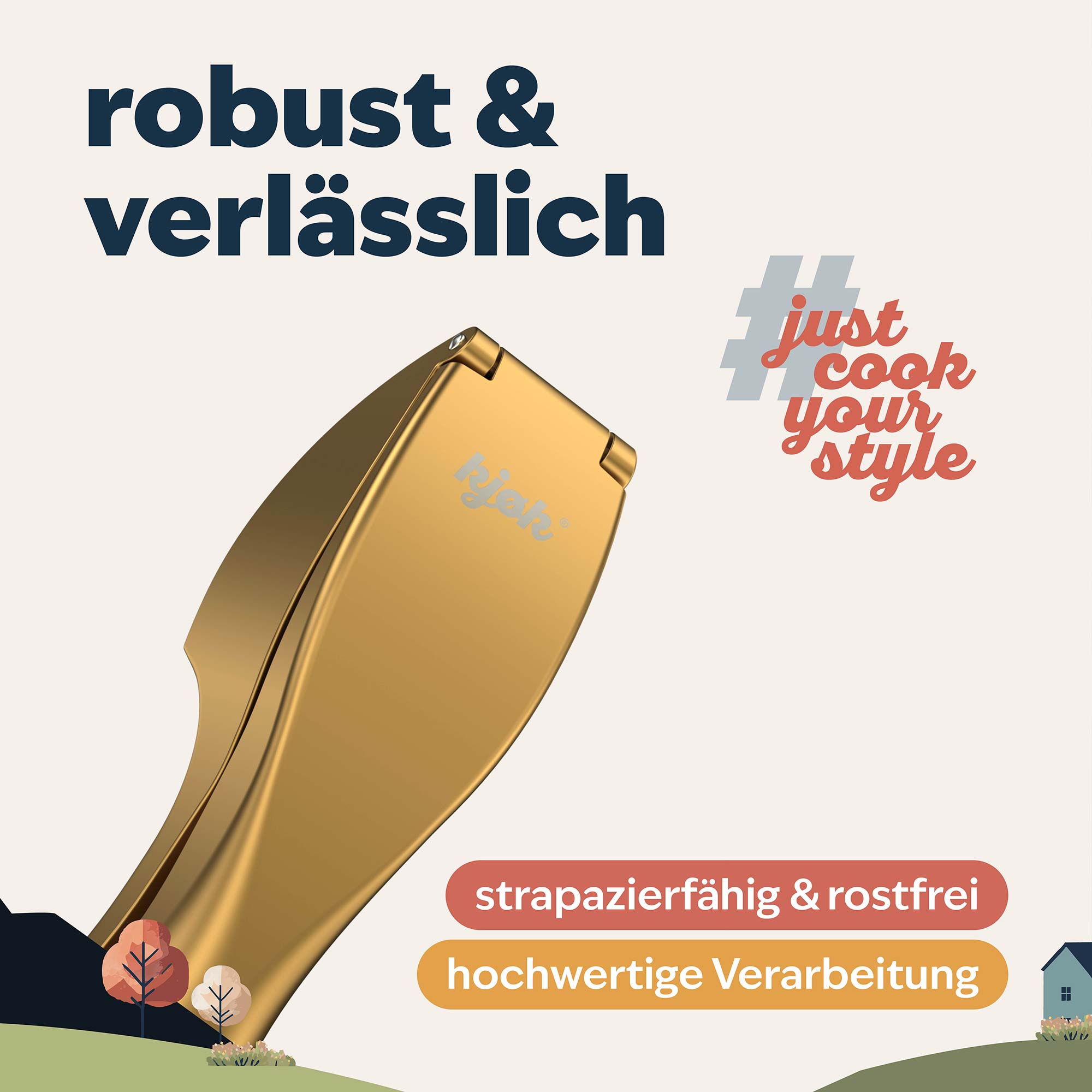 goldene Knoblauchpresse von kjøk robust und langlebig mit hochwertiger Verarbeitung und rostfreiem Design